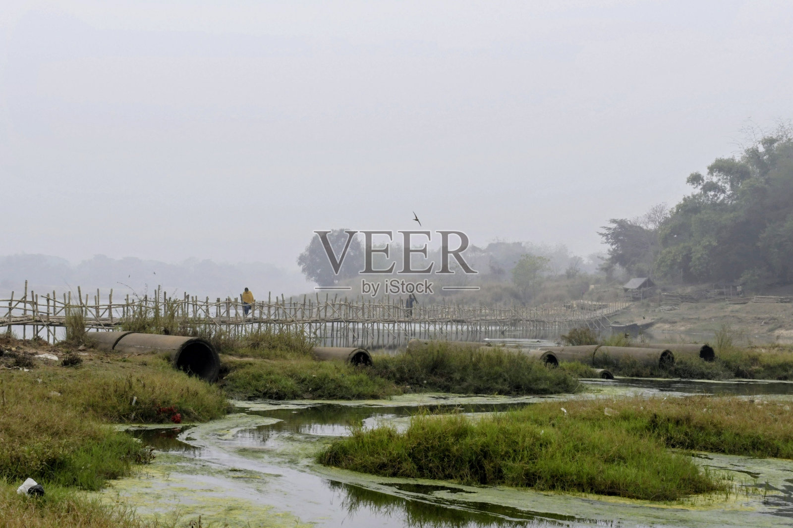 巴利波塔村康沙巴提河上的竹桥照片摄影图片