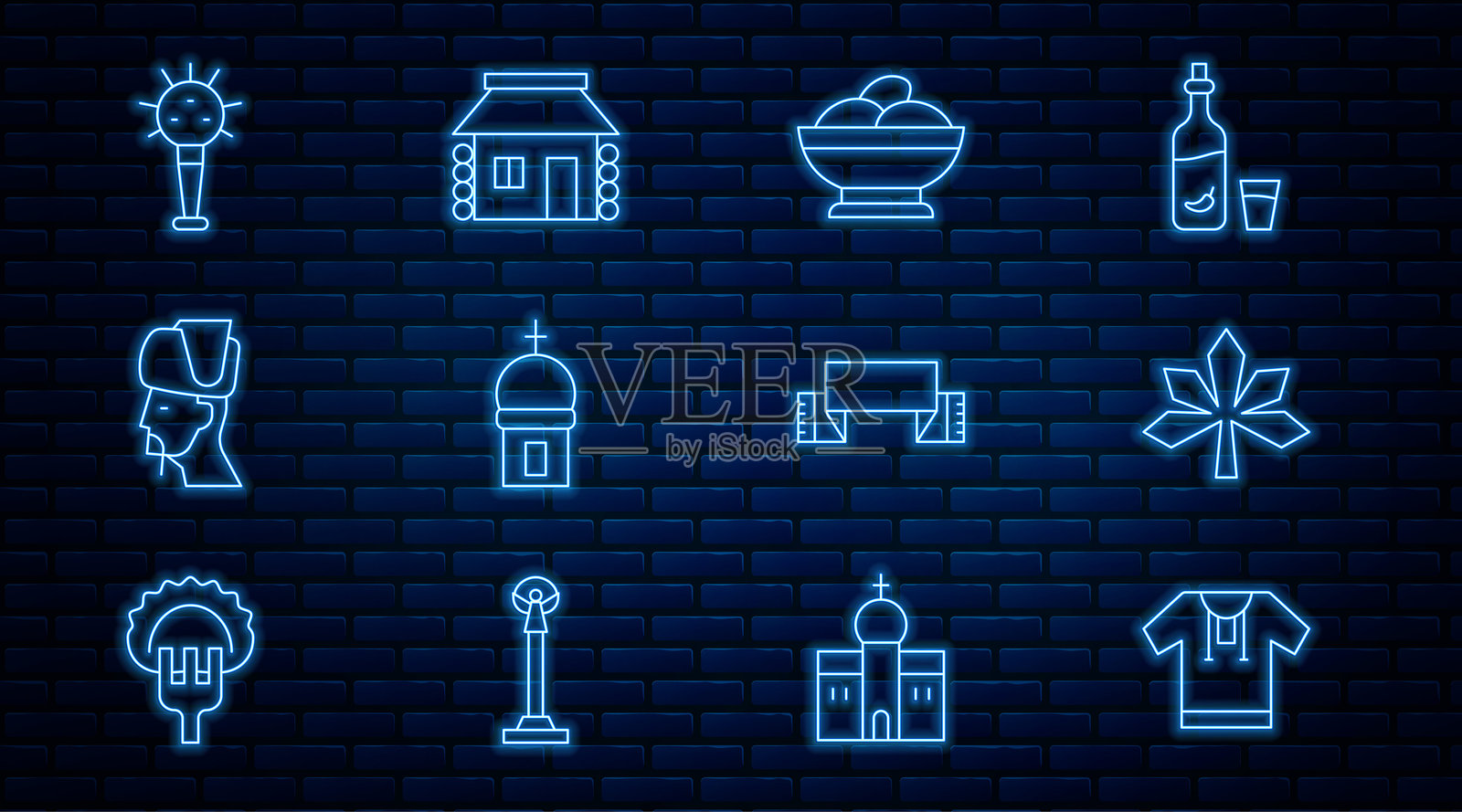 刺绣衬衫、栗子叶、碗中的瓦雷尼基、教堂塔楼、乌克兰哥萨克、权杖、毛巾和房屋图标的线条套装。矢量图插画图片素材