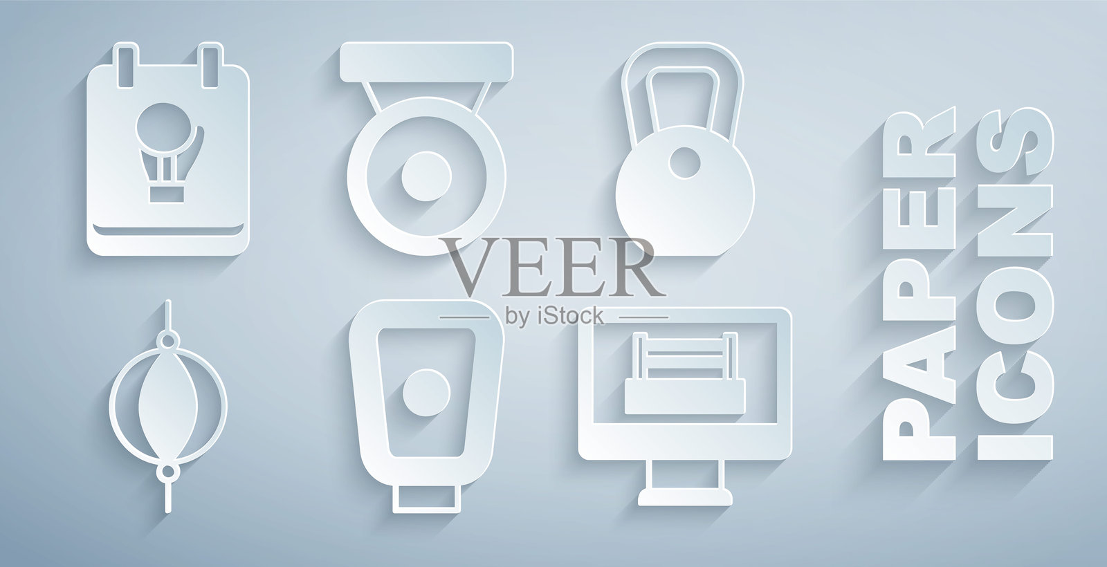 拳击训练手靶、体重秤、沙袋、拳击台、锣和拳击手套图标。矢量图插画图片素材