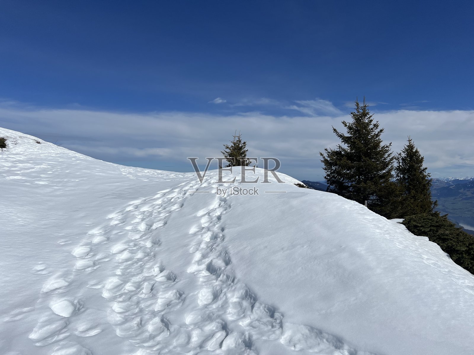 瑞士阿尔卑斯山和联合国教科文组织生物圈恩特勒布赫的壮丽冬季远足小径和新鲜高山积雪上的痕迹照片摄影图片