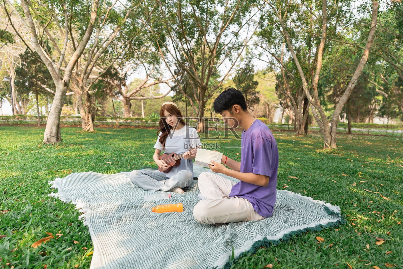 一对年轻情侣在宁静的公园里享受悠闲的下午，弹奏尤克里里和阅读，周围绿意盎然，阳光透过树林洒落。照片摄影图片