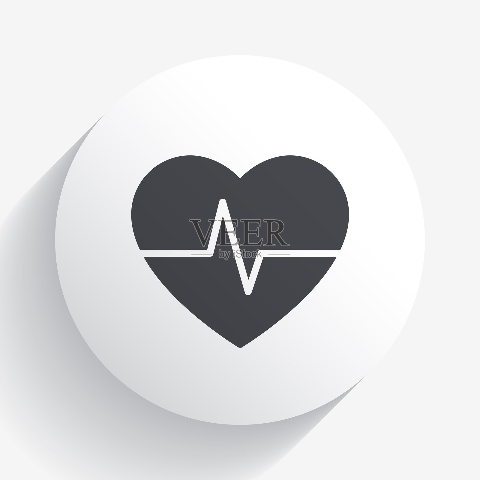 心跳 - 心脏脉搏。圆形按钮上的图标，带有长阴影插画图片素材