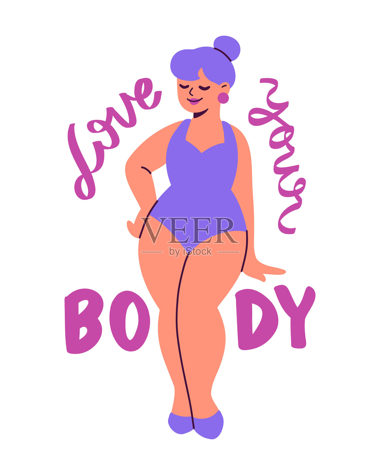 女性角色扁平化矢量插画，配有手写文字‘爱你的身体’插画图片素材