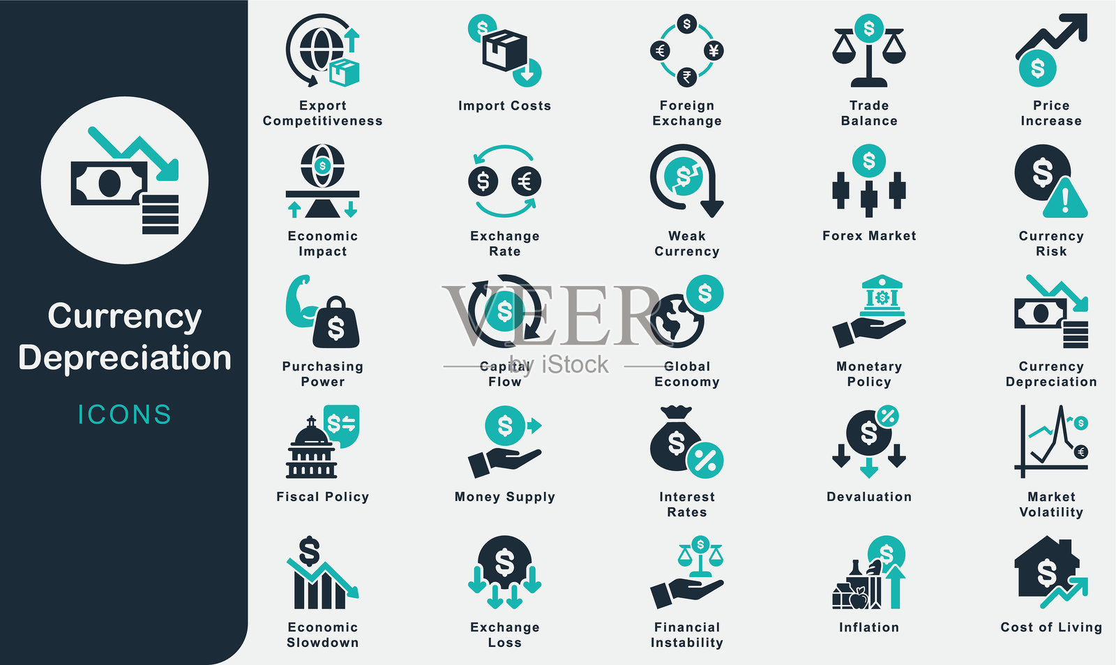 货币贬值实心图标集。包含外汇、货币、兑换、交易、市场、投资者、经纪人、流动性、波动性、点差、杠杆、保证金、点差、买价、卖价、趋势、分析插画图片素材