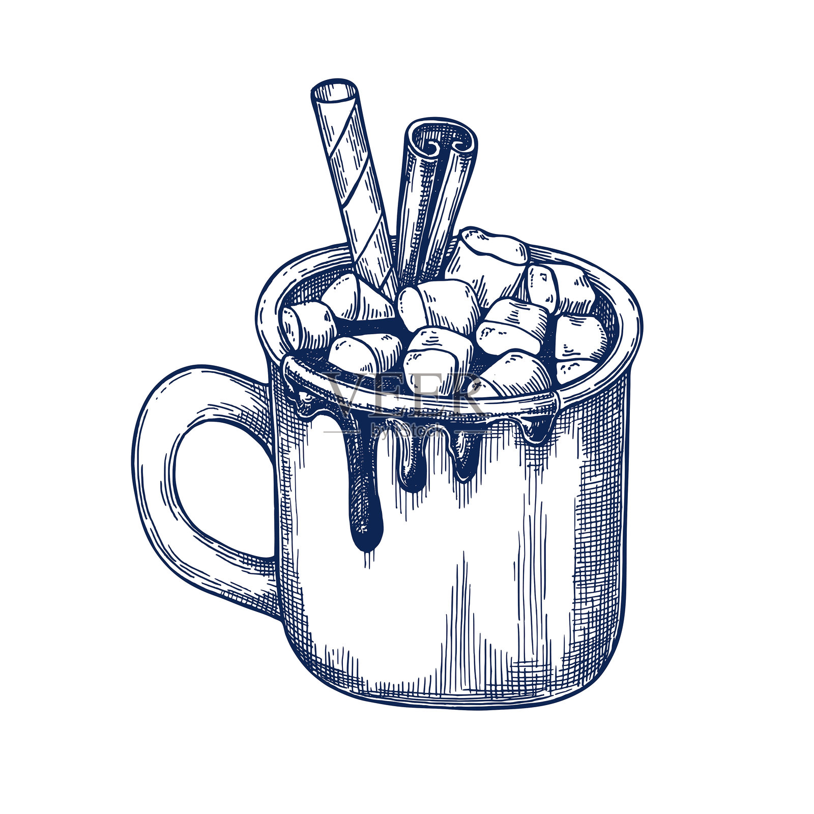 一杯热巧克力，上面有棉花糖和肉桂，手绘孤立的矢量图。圣诞马克杯草图符号，用于酒吧或餐厅菜单、卡片设计或新年邀请函。雕刻风格。插画图片素材