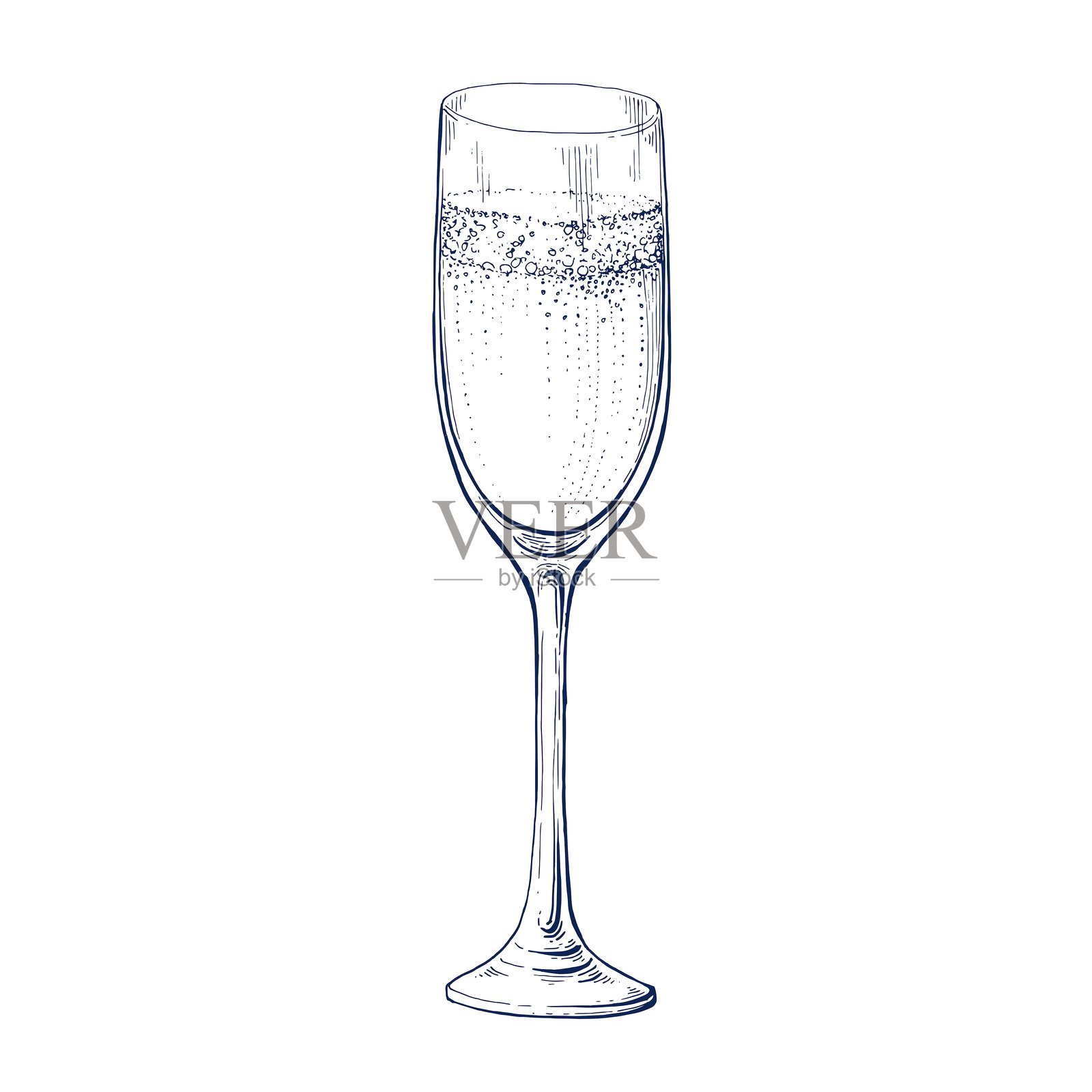 香槟酒杯 手绘 孤立的矢量图。起泡酒的素描符号，用于酒吧或餐厅菜单设计、卡片设计或婚礼请柬、包装。雕刻风格的酒精饮料。插画图片素材