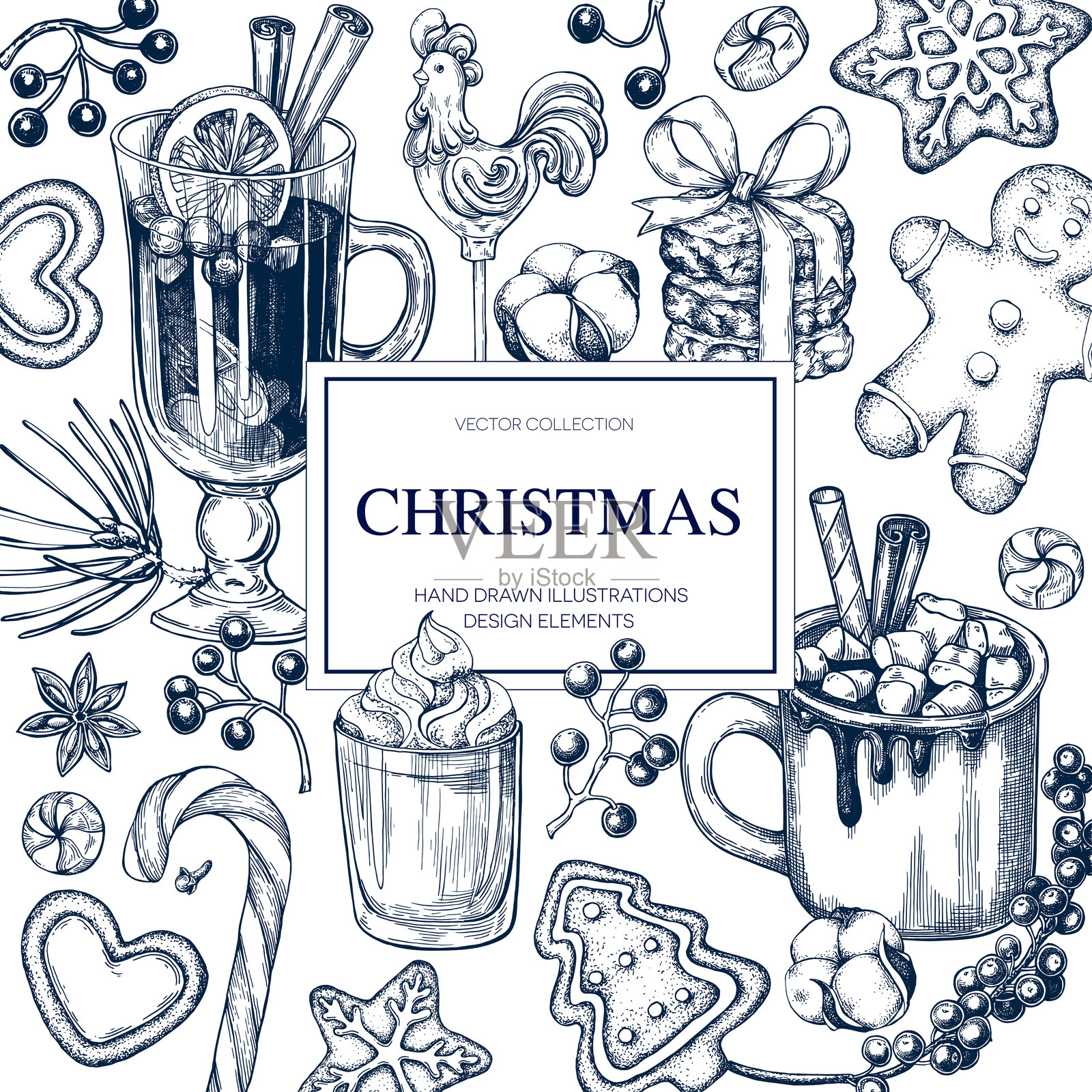 圣诞节套装：树、球、杉树枝、食物和饮品姜饼人，手绘，孤立矢量图。适用于节日菜单、派对、新年贺卡、邀请函的合集。雕刻风格。插画图片素材