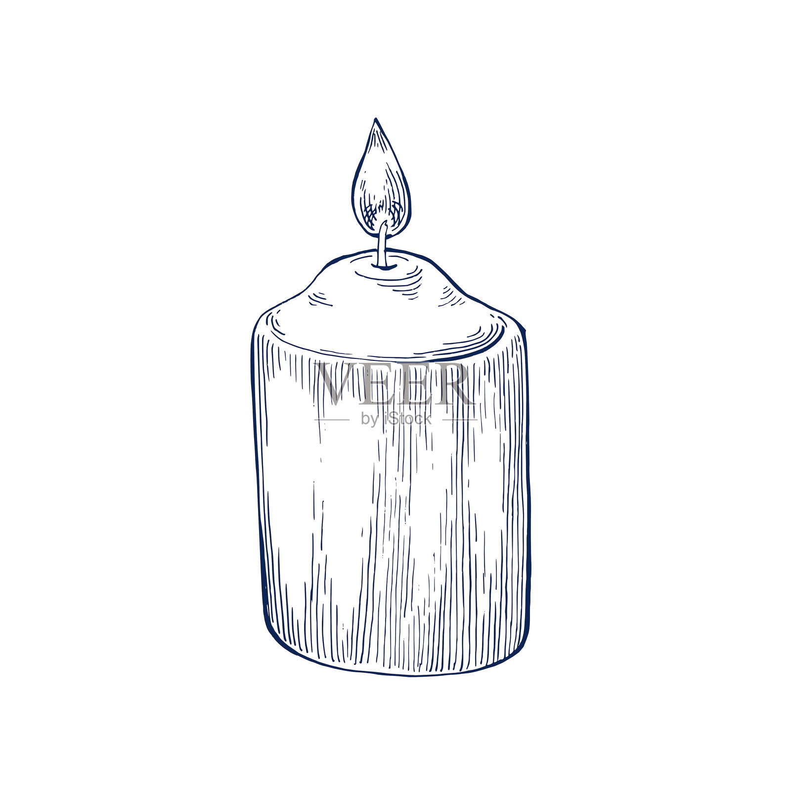 燃烧的蜡烛手绘，孤立的矢量图。圣诞蜡烛带有火焰，适用于节日海报、生日或派对素描，用于问候、婚礼。雕刻风格的信仰或宗教象征。插画图片素材