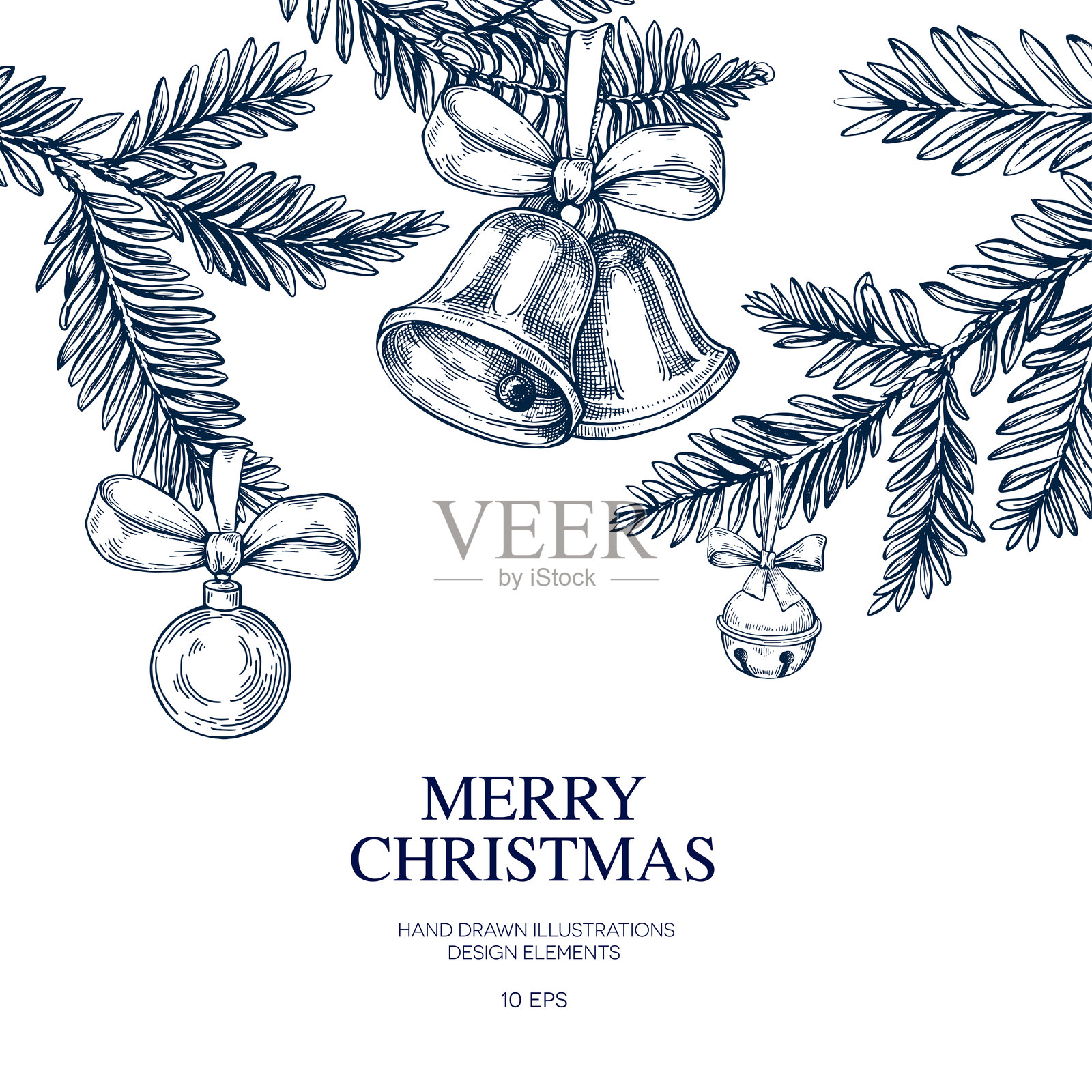 圣诞树、彩球、冷杉枝手绘，孤立的矢量插图。带有冷杉枝的玻璃圣诞树玩具，用于节日海报、派对、新年卡片、问候、邀请。雕刻风格插画图片素材