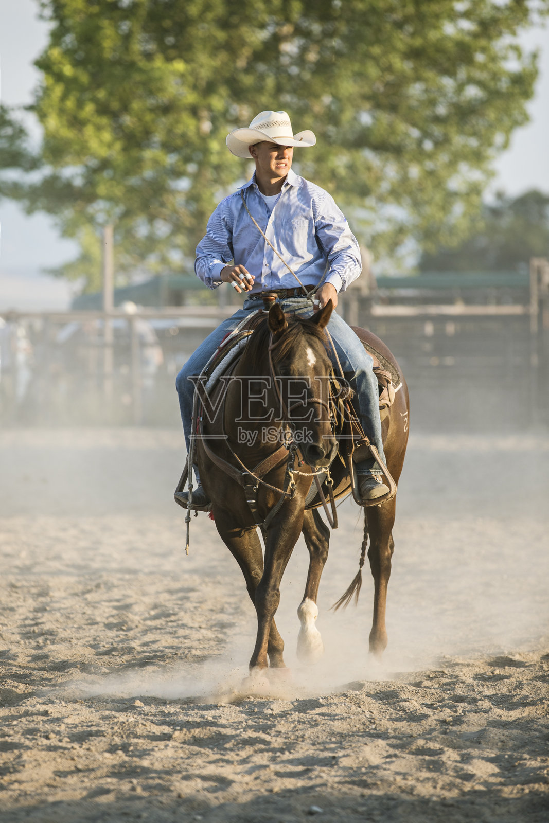 牛仔在场地里骑马照片摄影图片