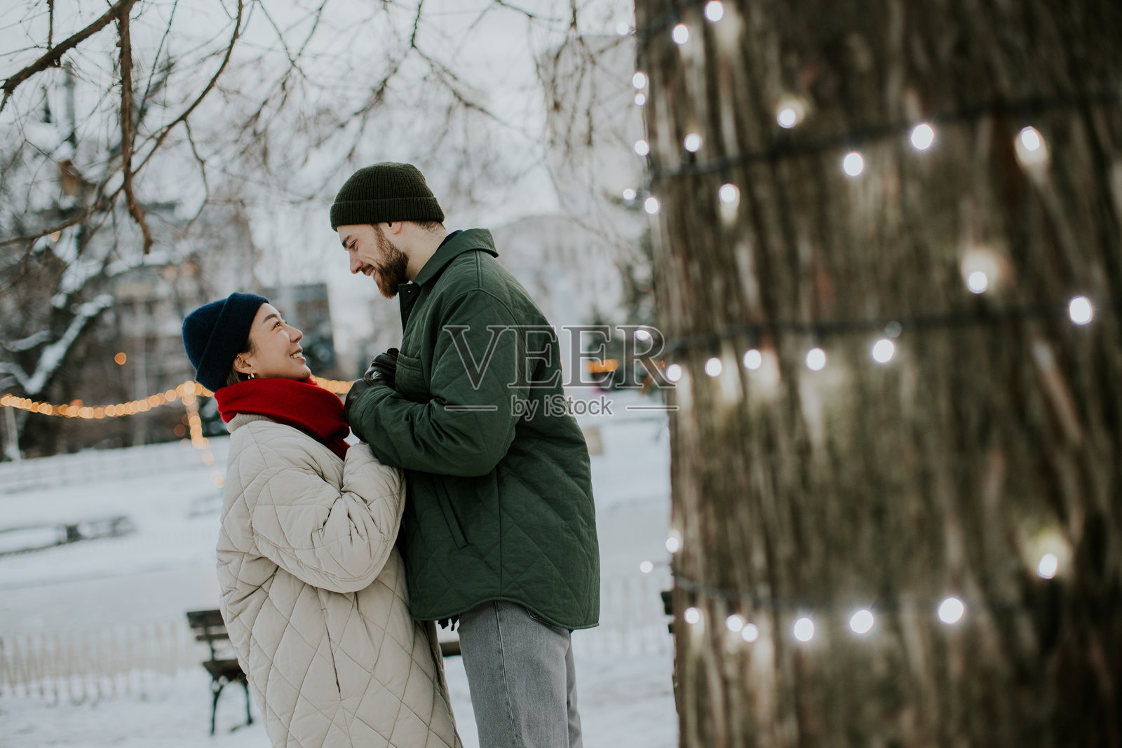 一对情侣在雪地公园里共度冬日，树上的灯光闪烁照片摄影图片