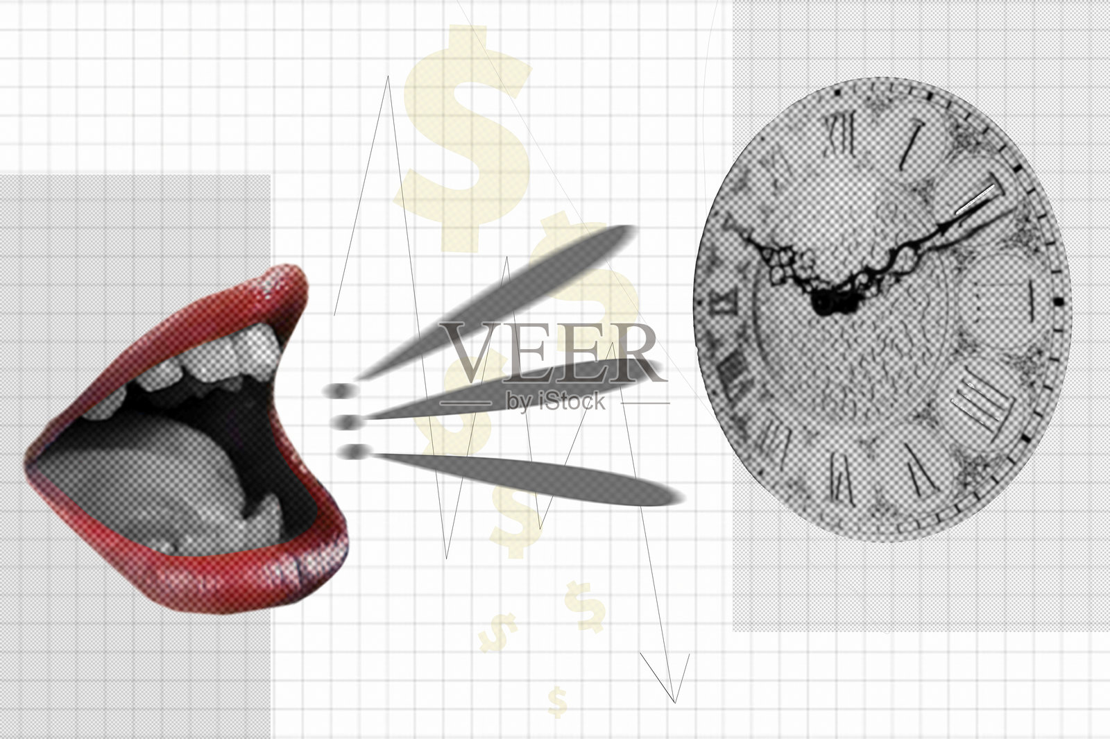 镂空时钟和尖叫的嘴的半调拼贴画。时间就是金钱照片摄影图片