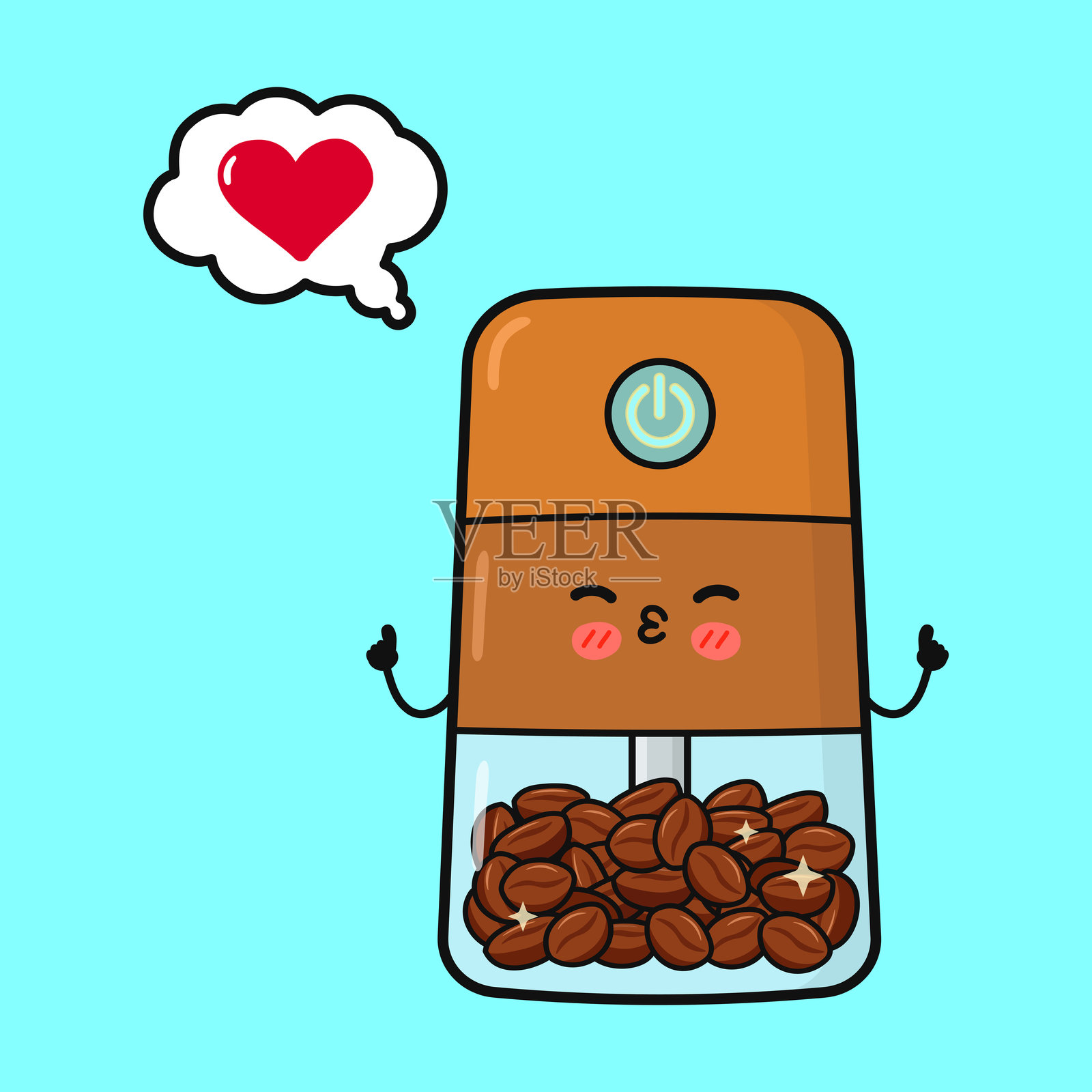 可爱的咖啡研磨机角色，展示对咖啡豆的喜爱插画图片素材