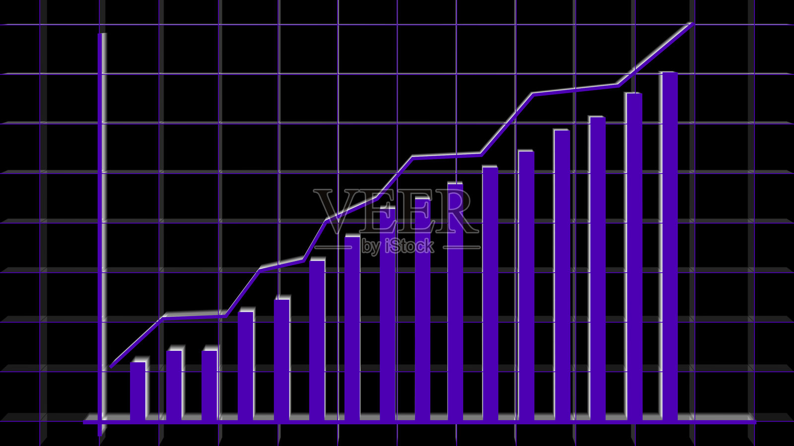黑色网格背景上的紫色柱状图和折线图显示上升趋势数据插画图片素材