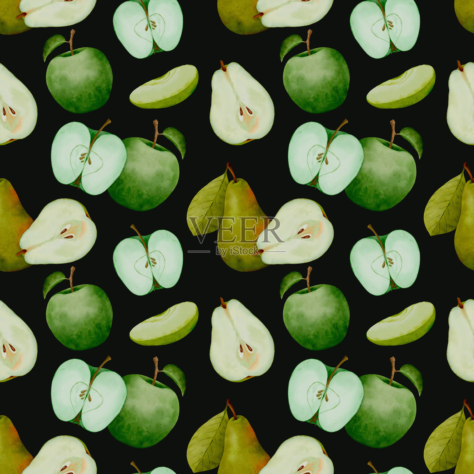 描绘新鲜与天然健康的翠绿苹果水彩切片插画图片素材