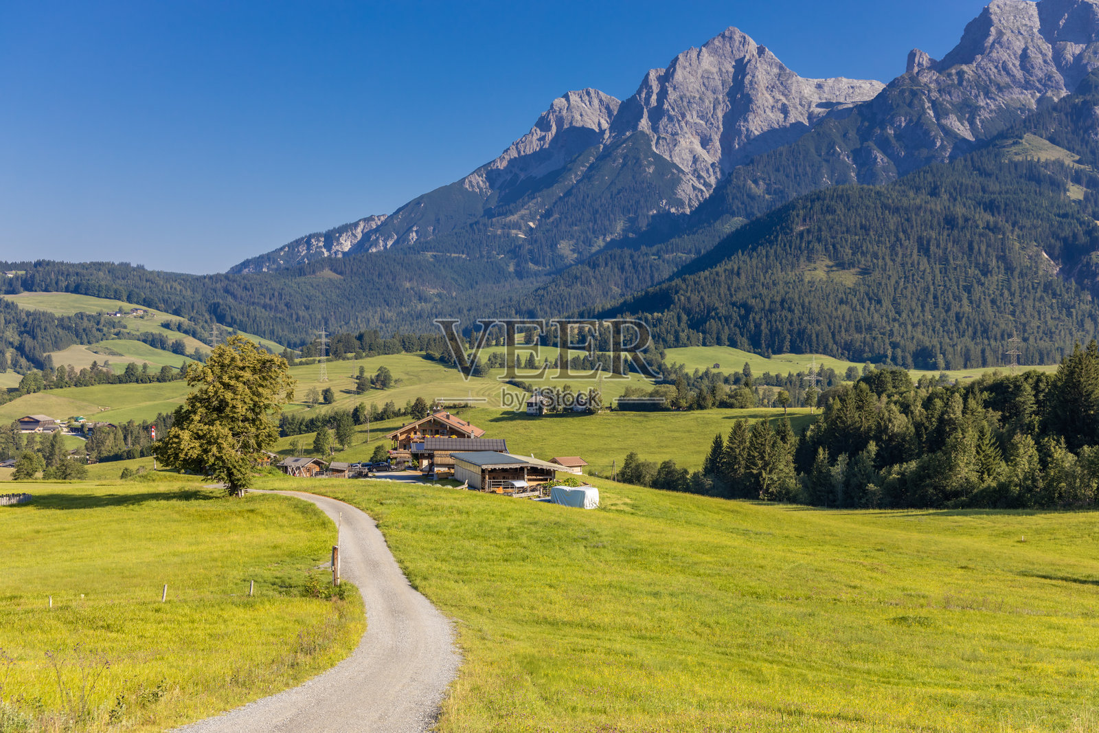 奥地利霍赫科尼格山景观，拥有崎岖的高山山峰、森林覆盖的山坡和开阔的山谷照片摄影图片
