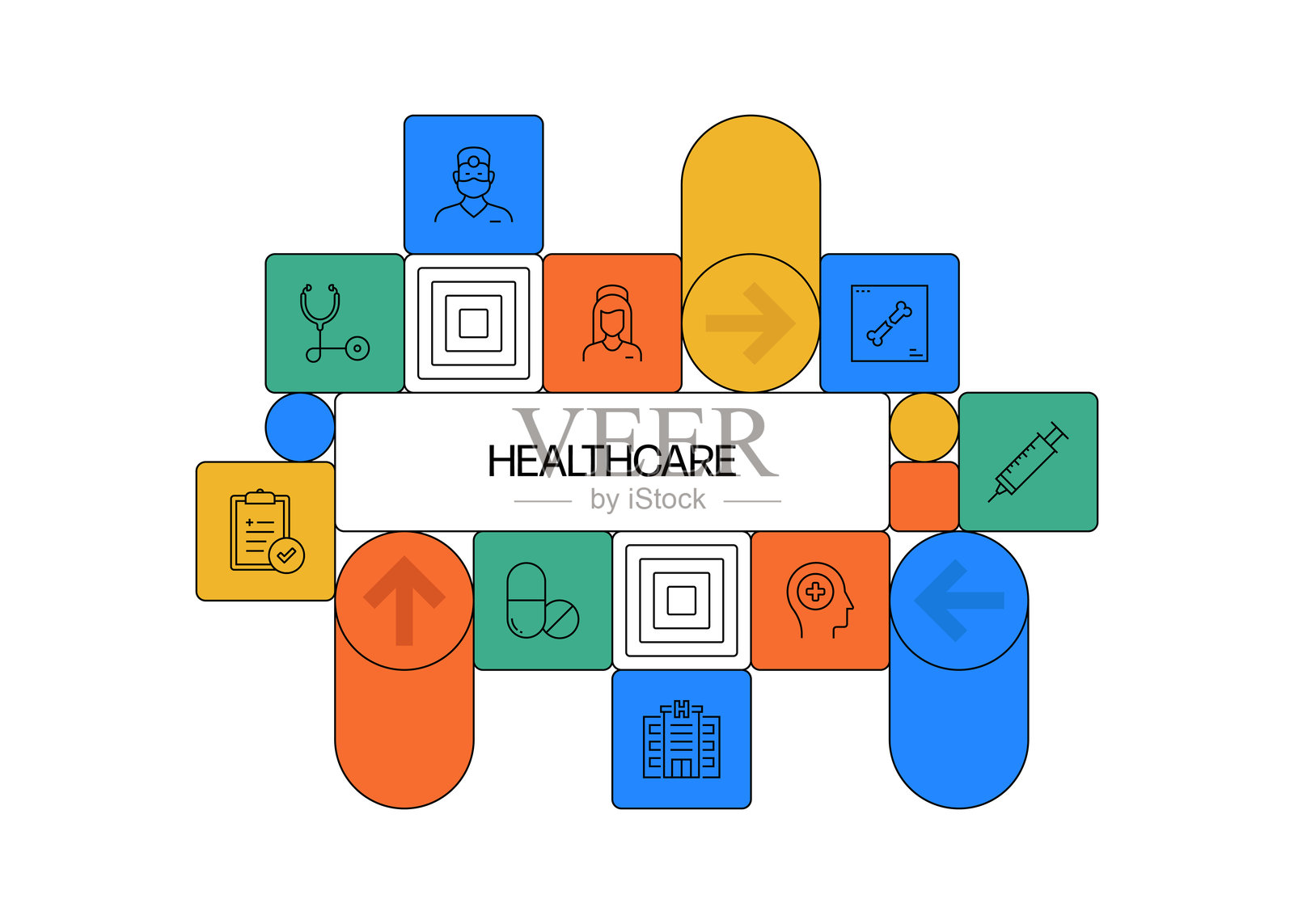 医疗保健相关矢量图。医生、药品、医院、关怀、病人、治疗、电子健康、急救插画图片素材