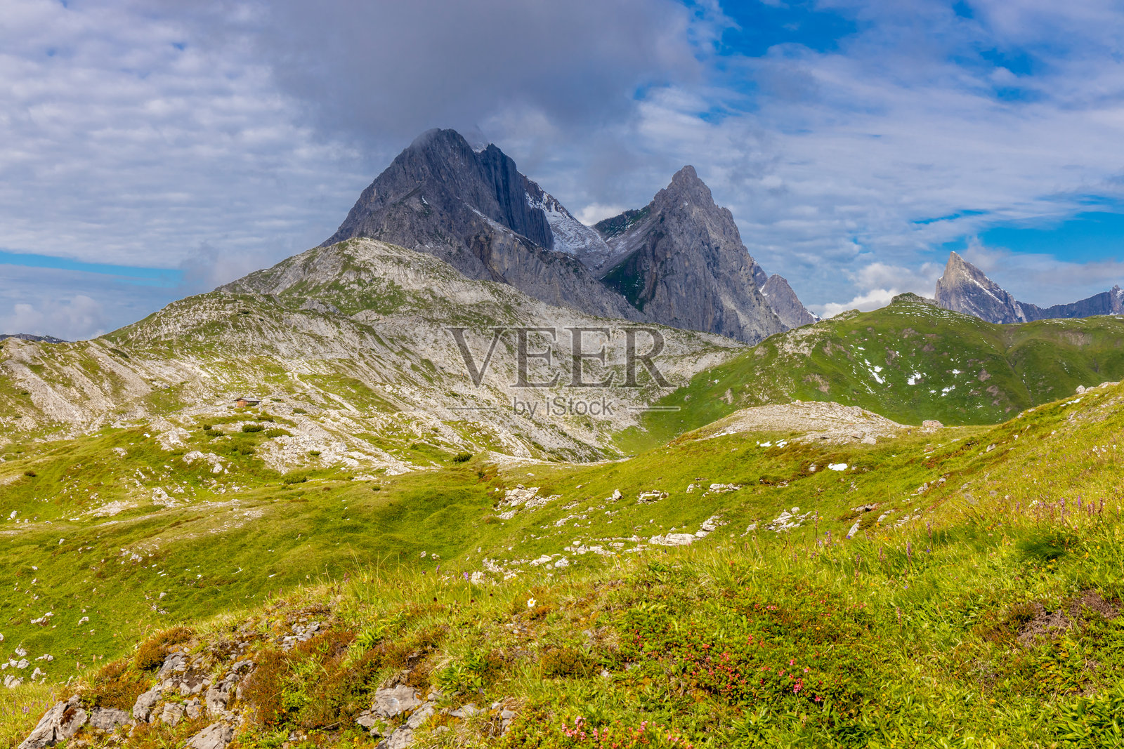 奥地利西部兰德克和扎姆斯阿尔卑斯山的山地景观，有陡峭的高山峰和森林覆盖的山坡照片摄影图片