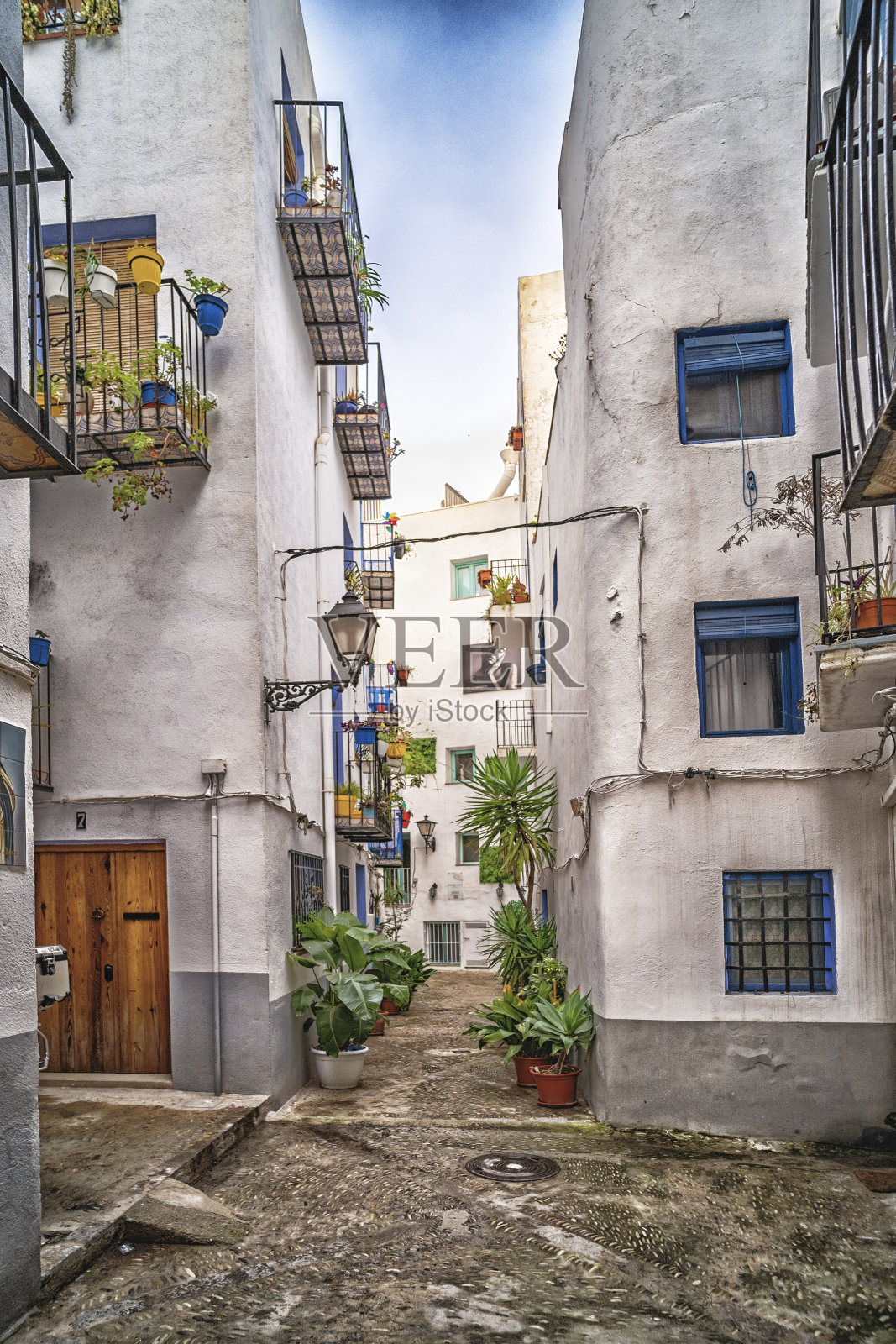 传统建筑，街道景象，佩尼í斯科拉，西班牙最美乡村，阿扎哈尔海岸，马埃斯特拉兹戈，卡斯特利翁，巴伦西亚自治区，西班牙照片摄影图片