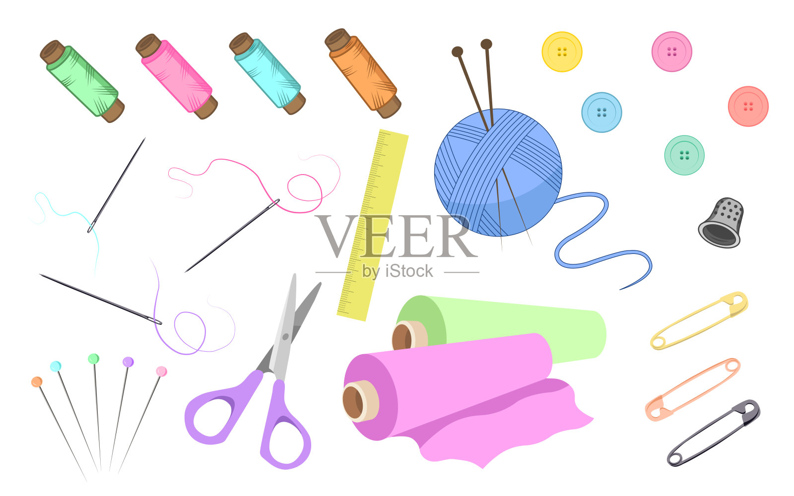 白底上的多色缝纫工具包。矢量卡通插画，包含线、针、剪刀、纽扣、编织针、尺子和布卷。插画图片素材