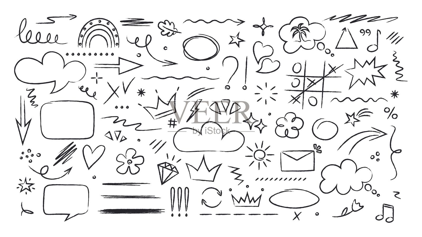 手绘马克笔涂鸦元素。下划线污垢笔刷。简单草图风格强调，注意力。箭头、对话气泡、形状、菱形、星星。图标绘制。线条孤立矢量图。插画图片素材