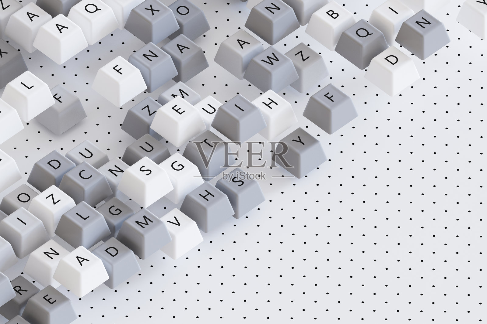 带有随机字母的电脑键盘按键，数字通信和内容创作概念，3D渲染照片摄影图片