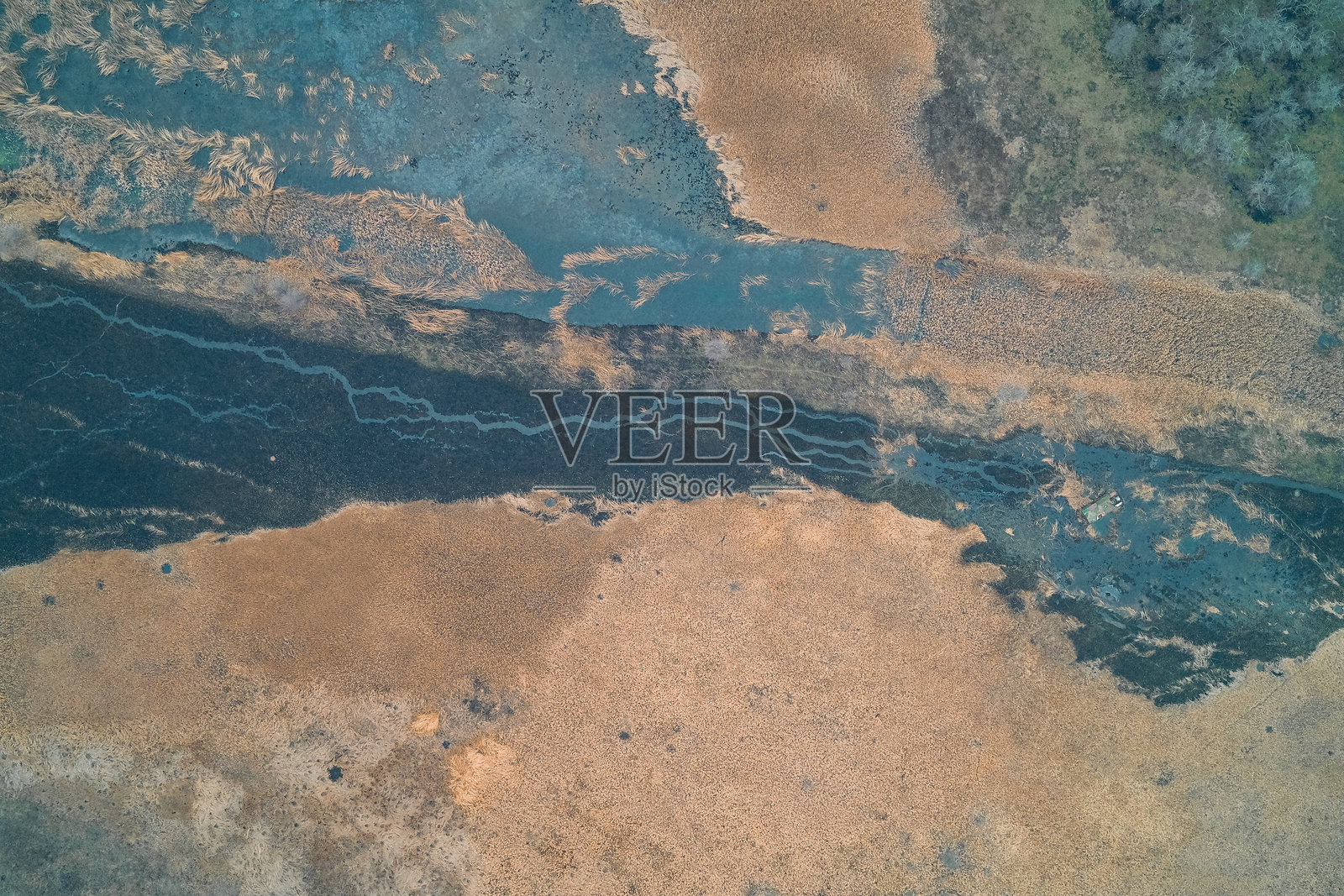 烧焦的沼泽地貌，黑色的灰水和橙色的干芦苇，展示了环境破坏和水污染，俯视航拍视角照片摄影图片