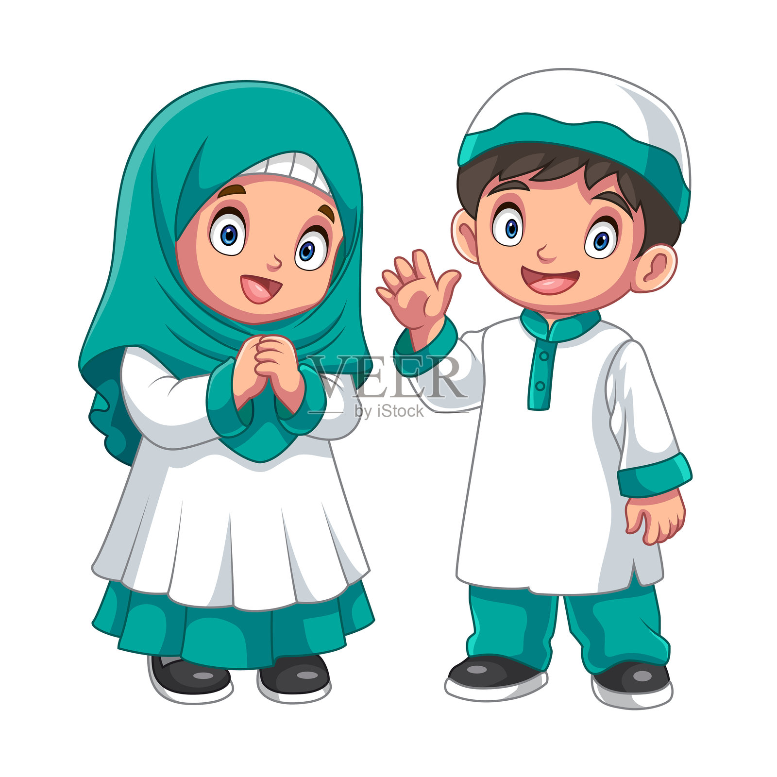 卡通图：小女孩和小男孩穿着穆斯林服装，正在挥手插画图片素材