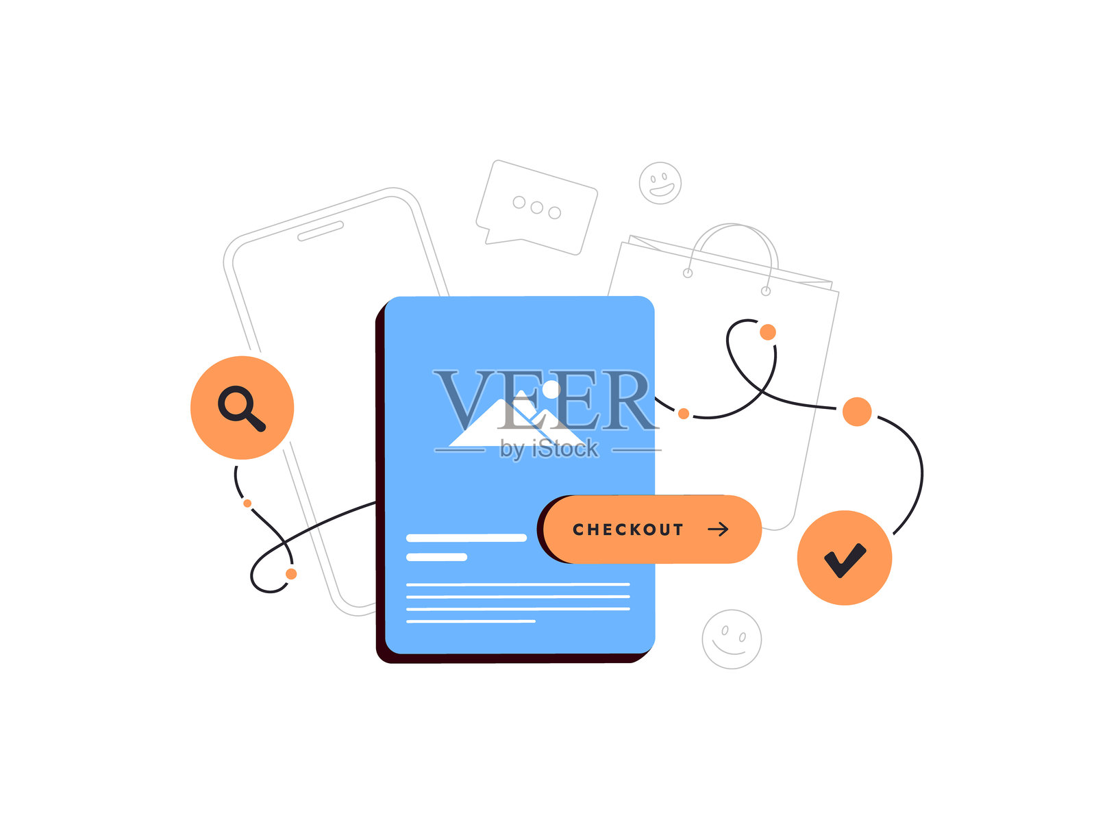 电子商务结账流程，包含链接、搜索放大镜、购物袋、表情符号笑脸聊天、带产品卡片的智能手机。在线购买流程客户旅程概念矢量图插画图片素材