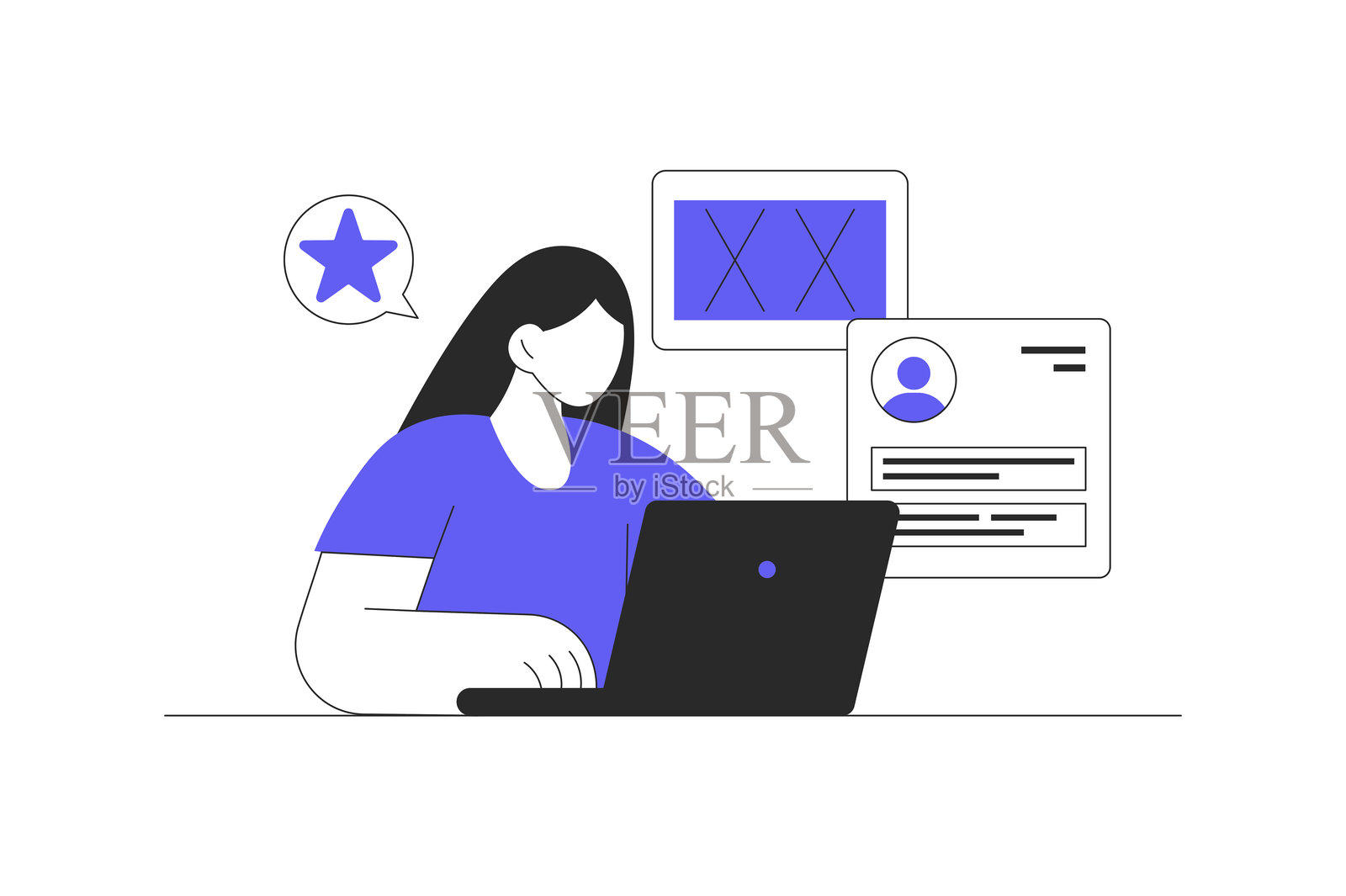 应用开发。女性使用笔记本电脑编程，创建网页布局。扁平卡通矢量插画，图标，时尚抽象设计着陆页网站插画图片素材