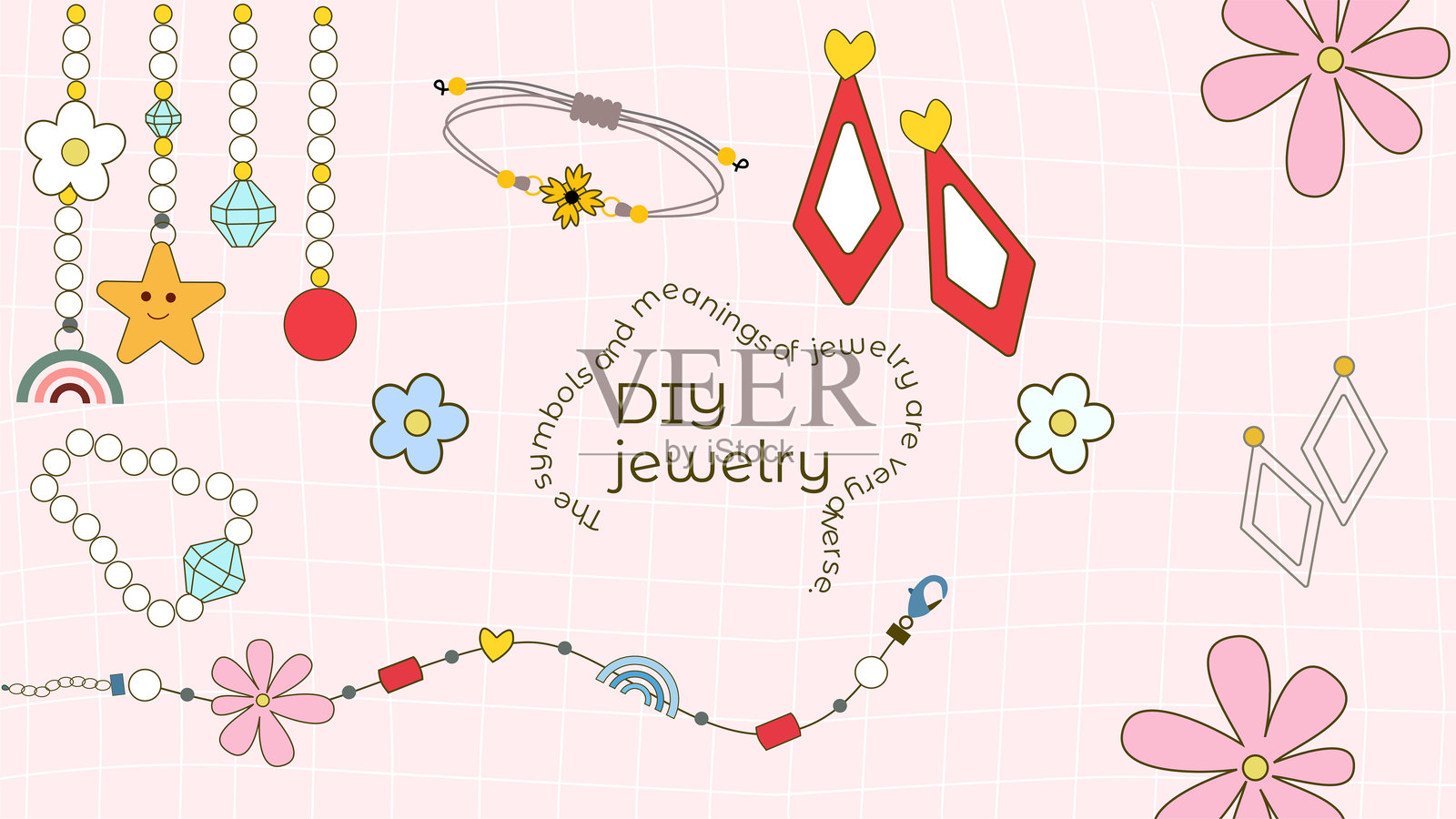 手工制作珠宝，黑白，草图，珠子，手链，项链，耳环，教程，含义插画图片素材