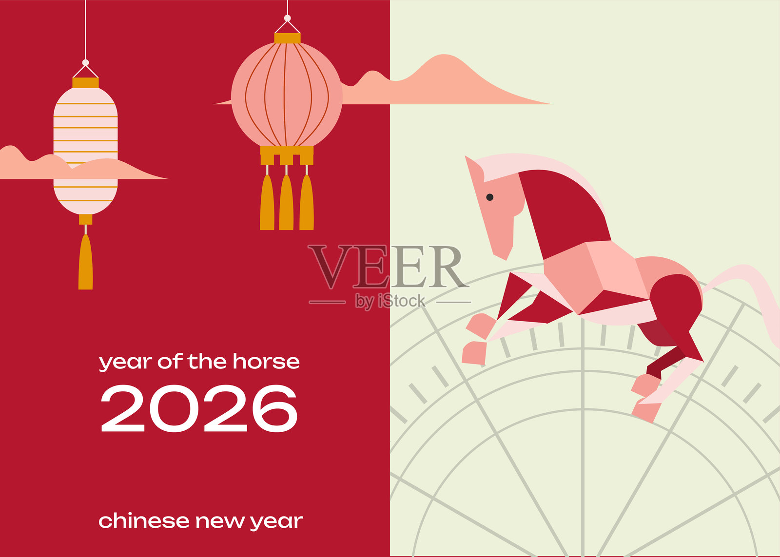 2026马年春节插画，描绘了马和灯笼的庆祝场景。插画图片素材