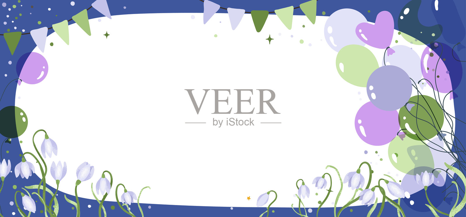 春季派对邀请函模板，配有紫色、绿色、蓝色气球、雪花莲和节日彩旗插画图片素材