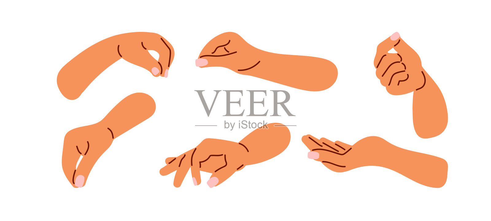 手势。不同位置的人手，扁平矢量图，展示用于应用程序、指南和教育材料的各种手势和姿势。涂鸦风格的独立人手插画图片素材