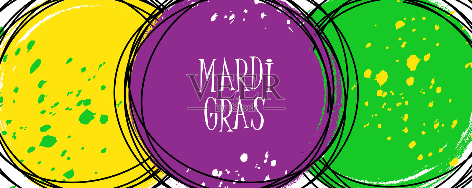 狂欢节节日背景。派对横幅。笔触彩色圆圈和黑色线条，用于创意图形设计，庆祝“肥胖星期二”。插画图片素材