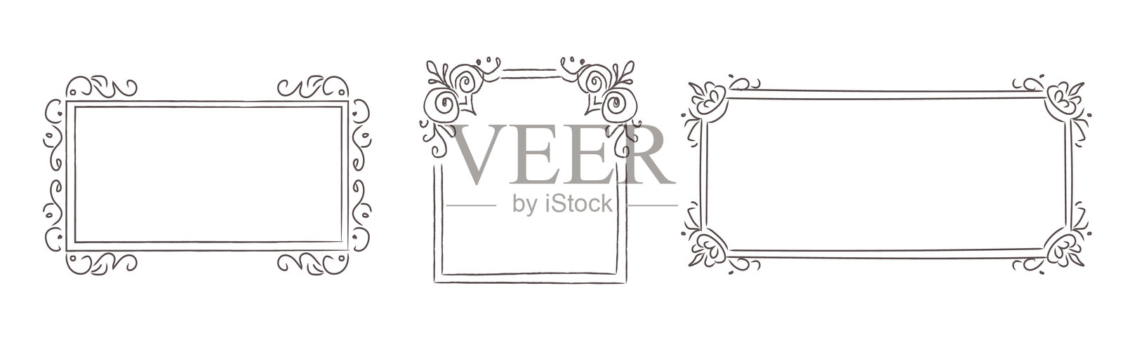 手绘简约装饰画框，带有复古卷轴细节，风格奇幻素描。适用于婚礼文具、请柬、贺卡、社交媒体的简洁优雅边框。矢量图。插画图片素材