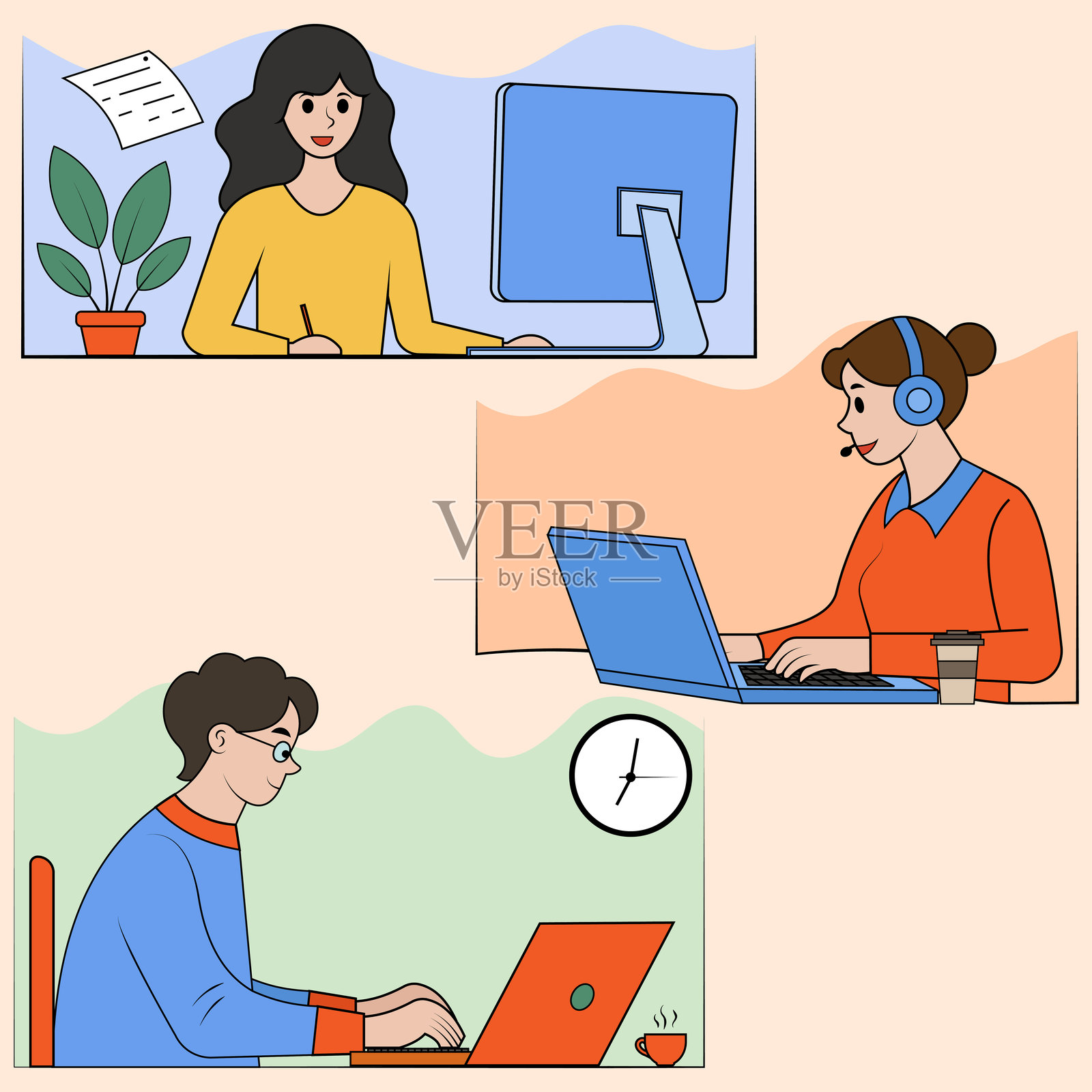 扁平化插画：远程团队在家线上工作插画图片素材