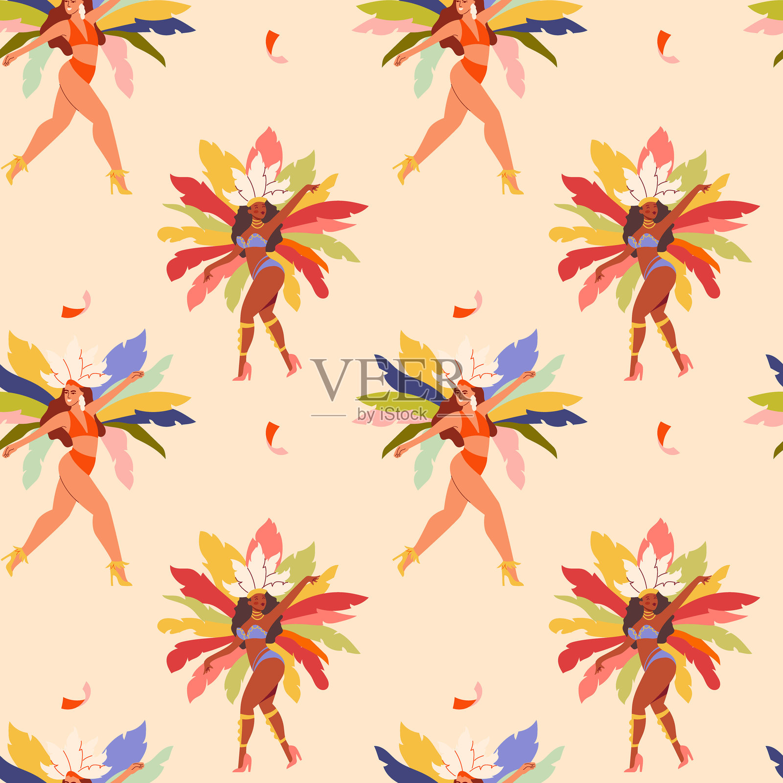 明亮的无缝花纹，巴西狂欢节。一位身着羽毛服饰的巴西女子在巴西狂欢节上跳舞。插画图片素材