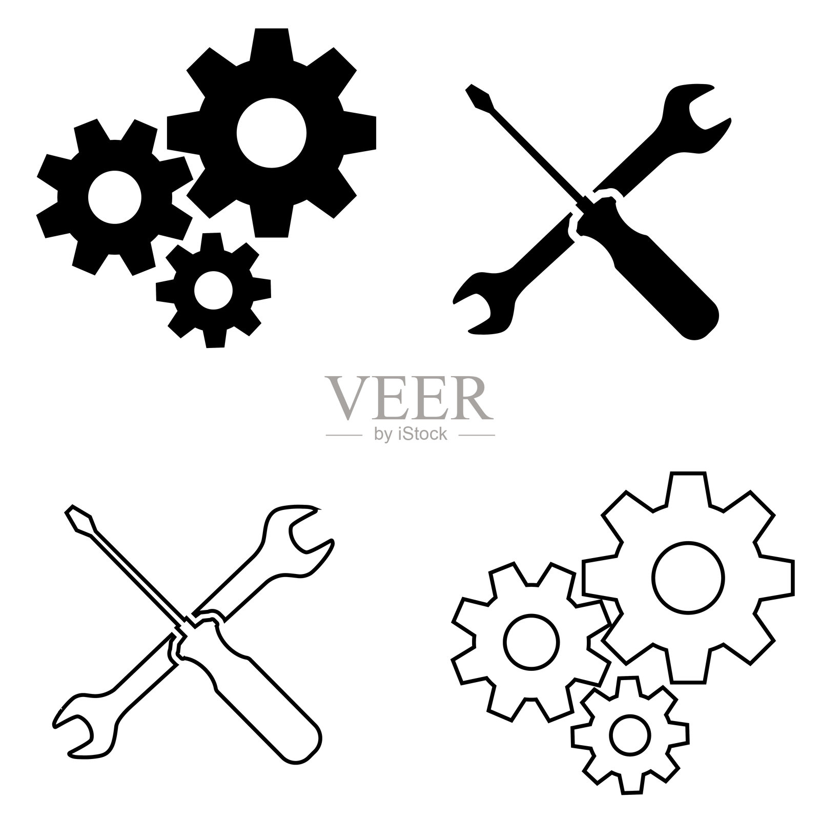 白色背景上的黑白设置图标集插画图片素材