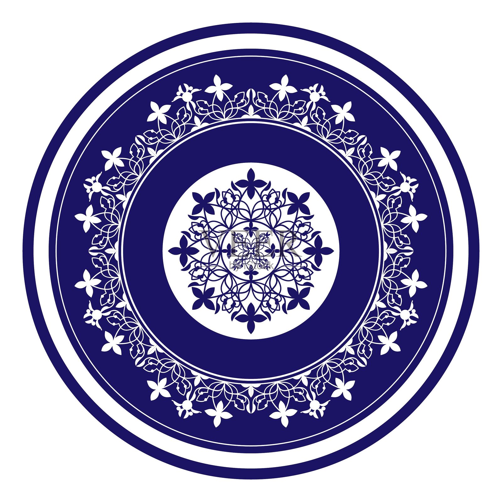 传统中国瓷器。圆形青花纹样装饰。陶瓷，带有阿拉伯纹饰的盘子EPS。适用于圆形表面、家用器皿、纺织品、刺绣、瓷器、盘子插画图片素材