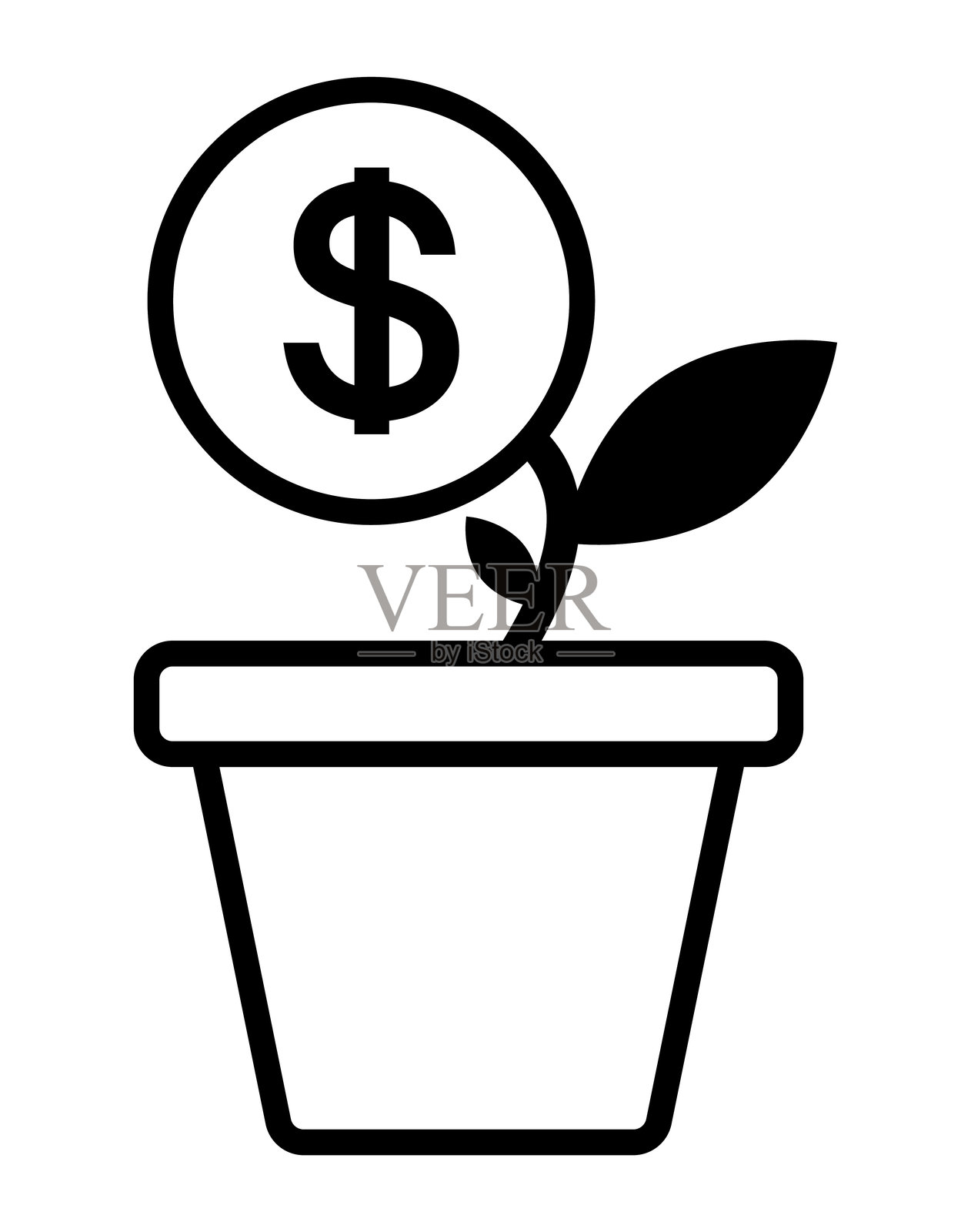盆栽摇钱树。盆栽中生长的美元硬币。储蓄与投资的概念。美元花卉轮廓图标。投资与金钱增长的股票插图。商业利润，投资理财教育，商业收入，商业发展插画图片素材