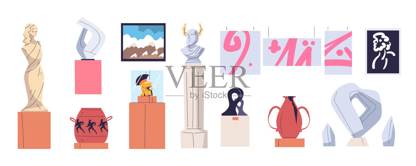 画廊展览。现代博物馆当代艺术博览会，历史雕塑抽象画古董雕塑花瓶艺术品著名展览套装卡通矢量图插画图片素材
