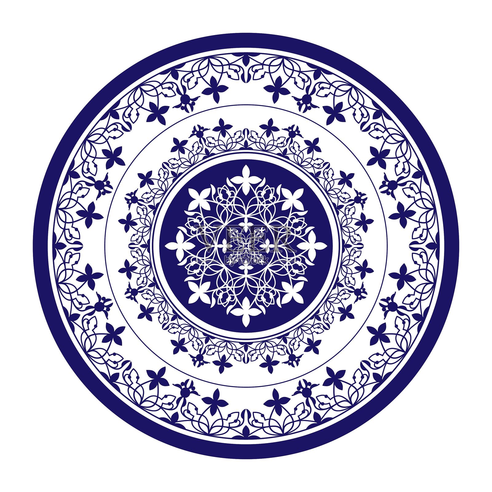 圆形蓝色和白色图案，中国传统瓷器。带有阿拉伯装饰（EPS）的陶瓷盘。适用于圆形表面、家用器皿、纺织品、刺绣插画图片素材