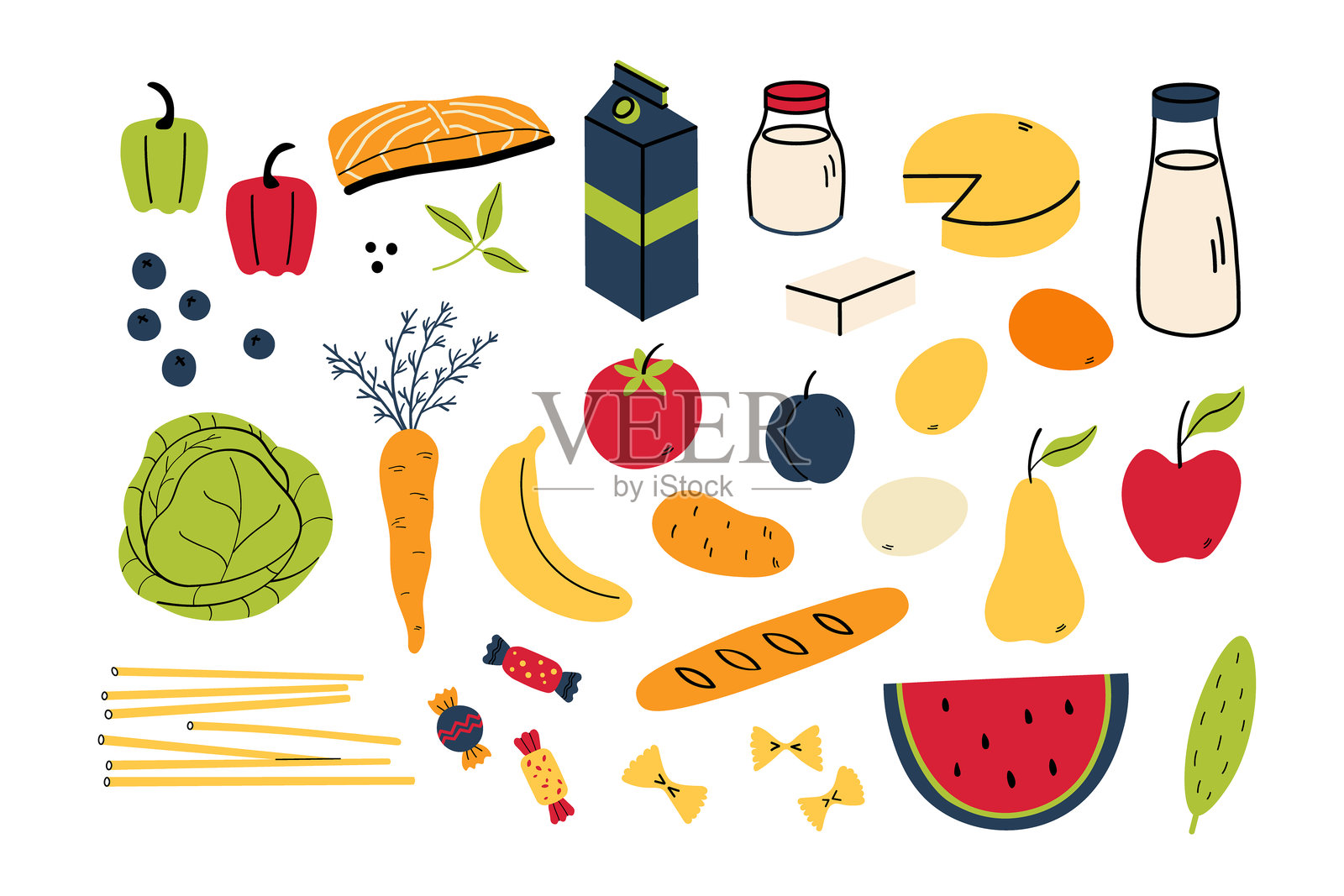 杂货食品。蔬菜、水果、鸡蛋、面包、意大利面和其他杂货商品。健康饮食概念。手绘矢量图。色彩丰富的抽象晚宴图。用于标签、设计、卡片插画图片素材