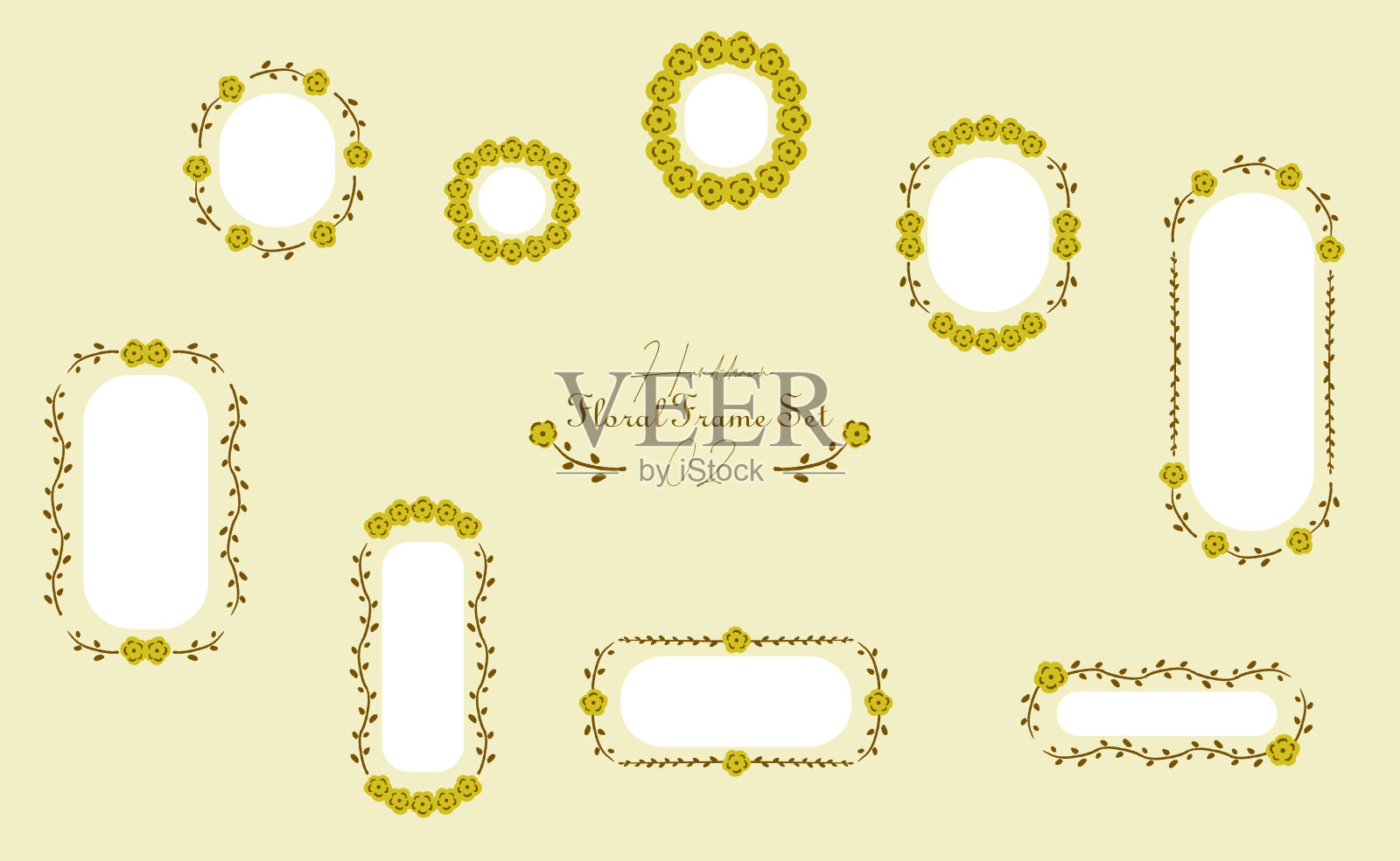 一套花卉古董装饰画框，奢华金色边框。插画图片素材