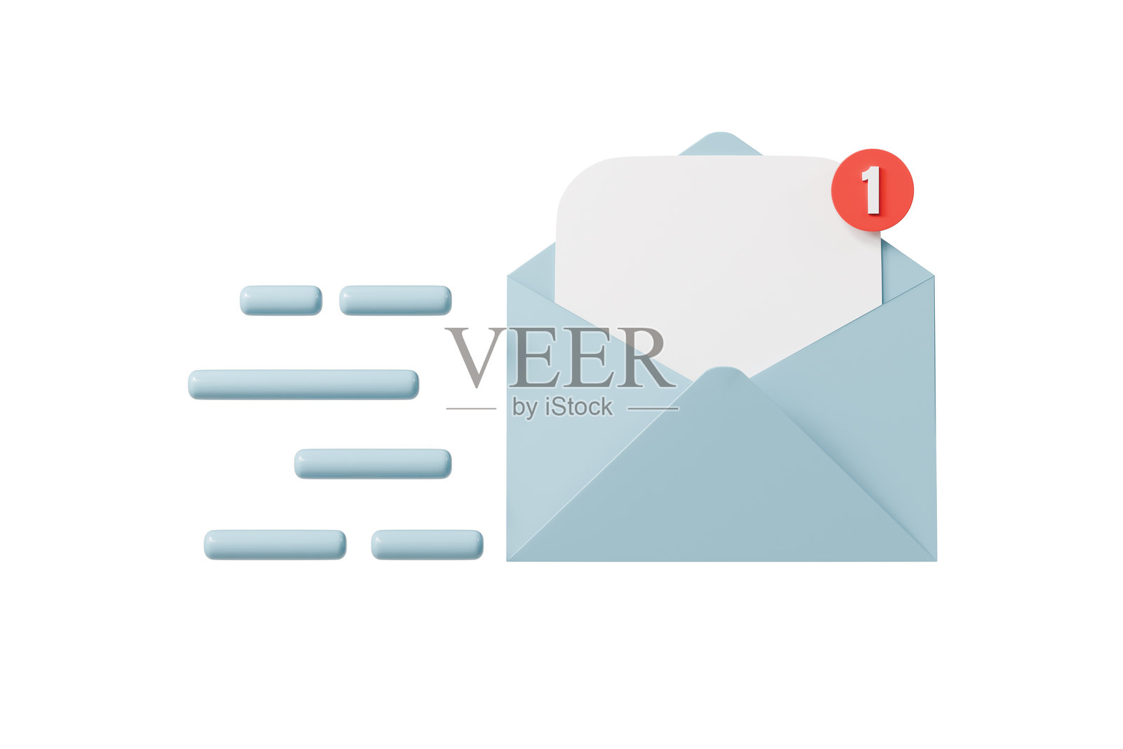 带通知徽章图标的 3D 电子邮件信封。新邮件概念。用于应用程序 UI 的极简卡通收件箱消息警报。孤立在白色透明背景上。3D 渲染。照片摄影图片