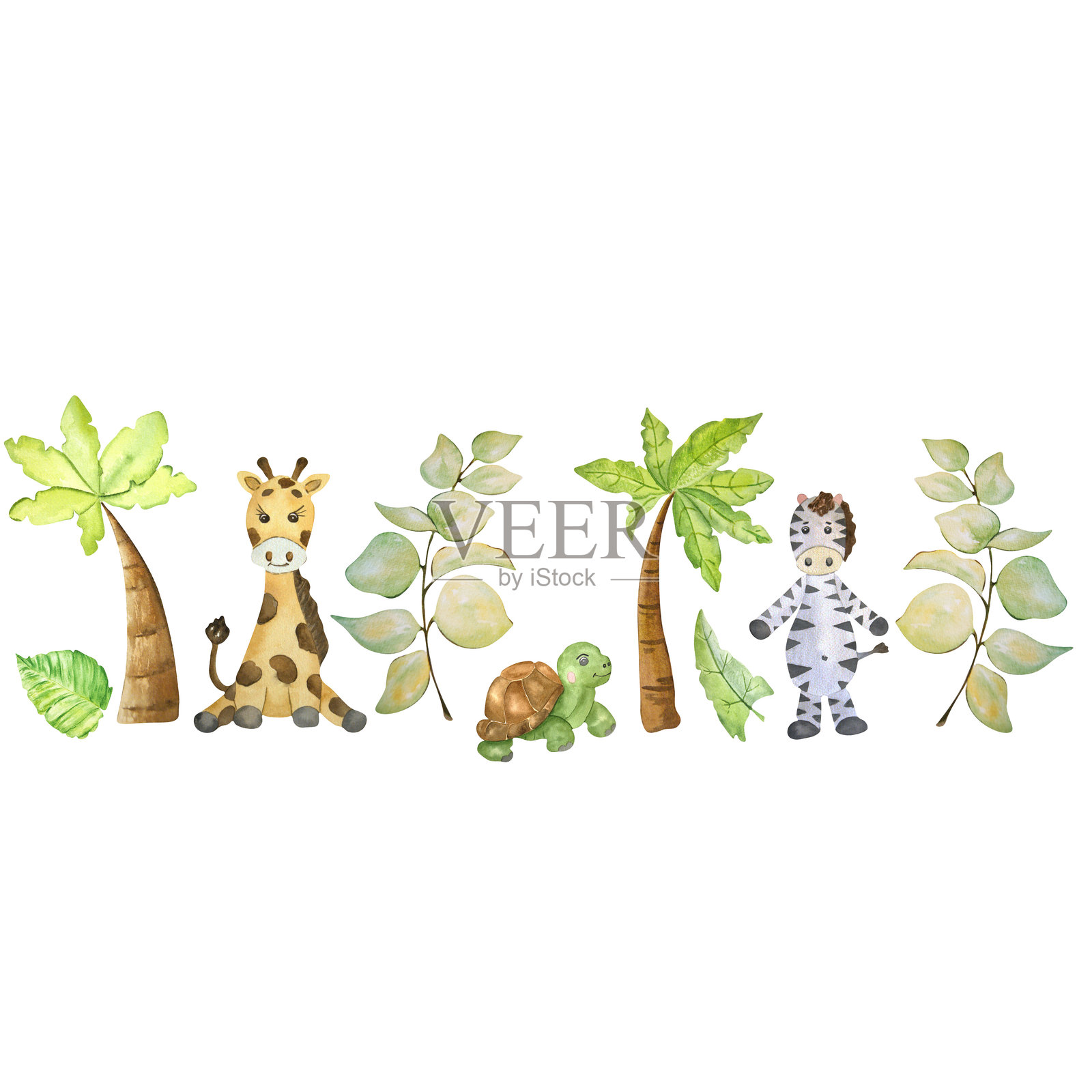 水彩异域风情卡片，带有棕榈树和动物，背景为白色。适用于广告、贺卡、徽标、标签、装饰。插画图片素材