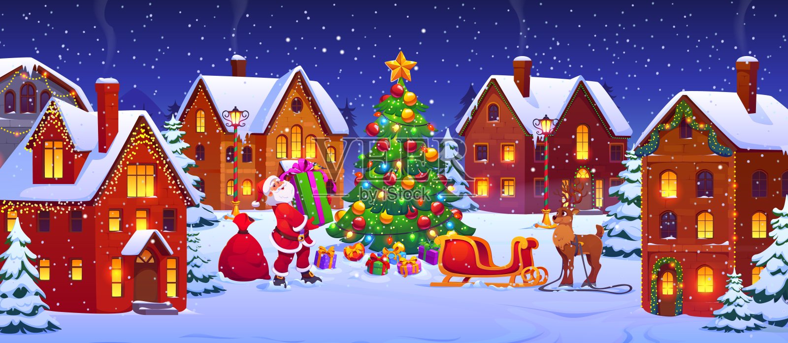 冬季雪镇风光，圣诞老人携礼而来插画图片素材