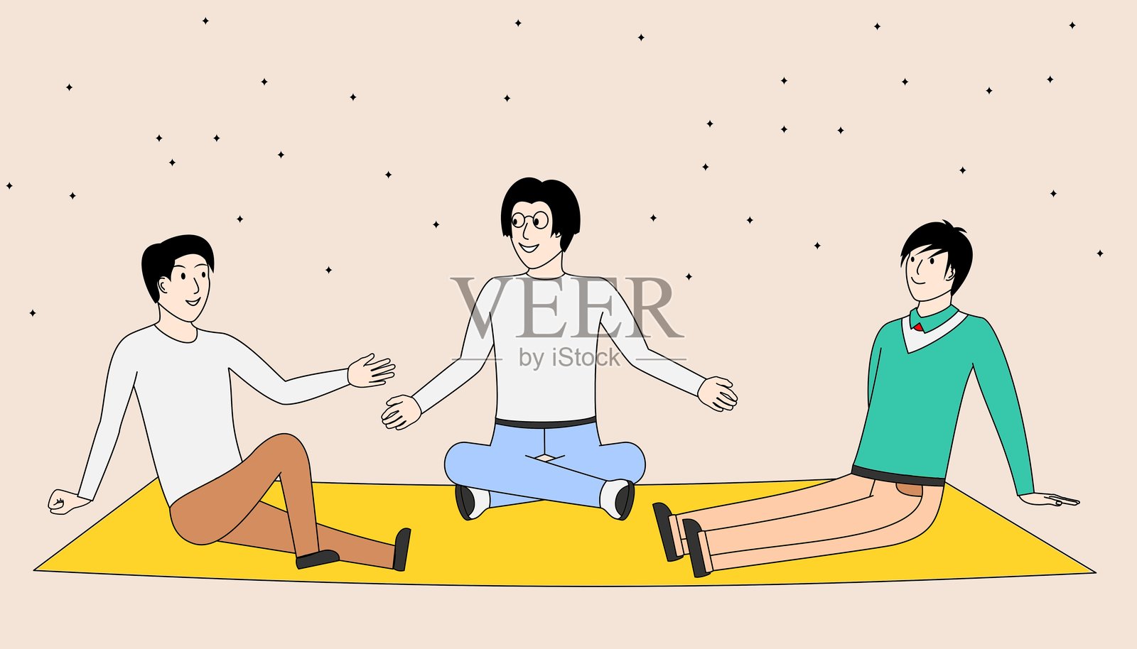 三个男人坐在一块黄色的毯子上，他们正在互相交谈插画图片素材