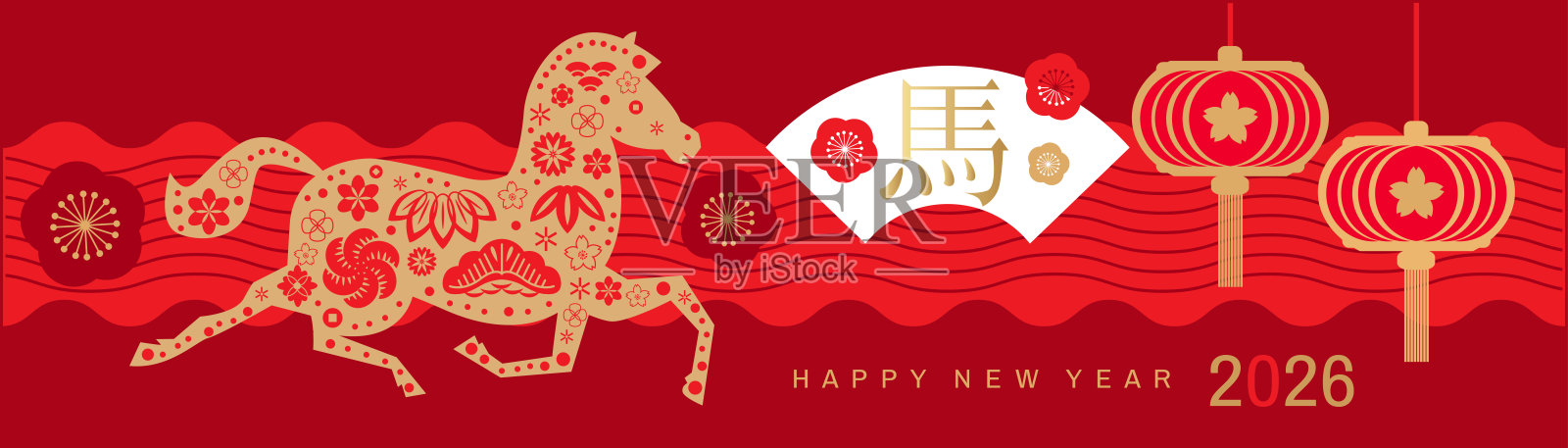 2026 农历马年快乐，生肖马，马年吉祥物海报、横幅、扁平图标插画插画图片素材
